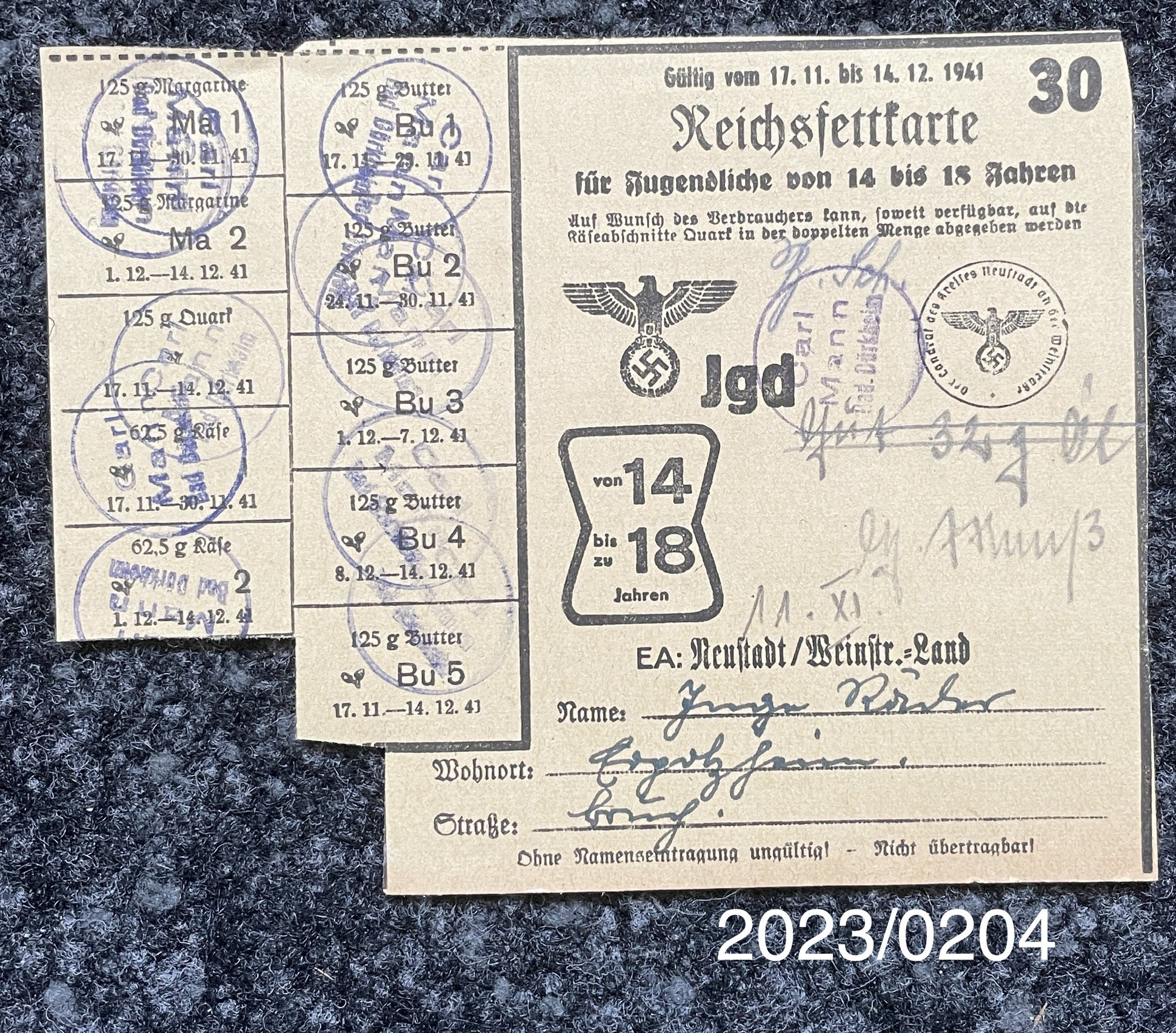 Reichsfettkarte Nr. 30 1941 (Stadtmuseum Bad Dürkheim im Kulturzentrum Haus Catoir CC BY-NC-SA)