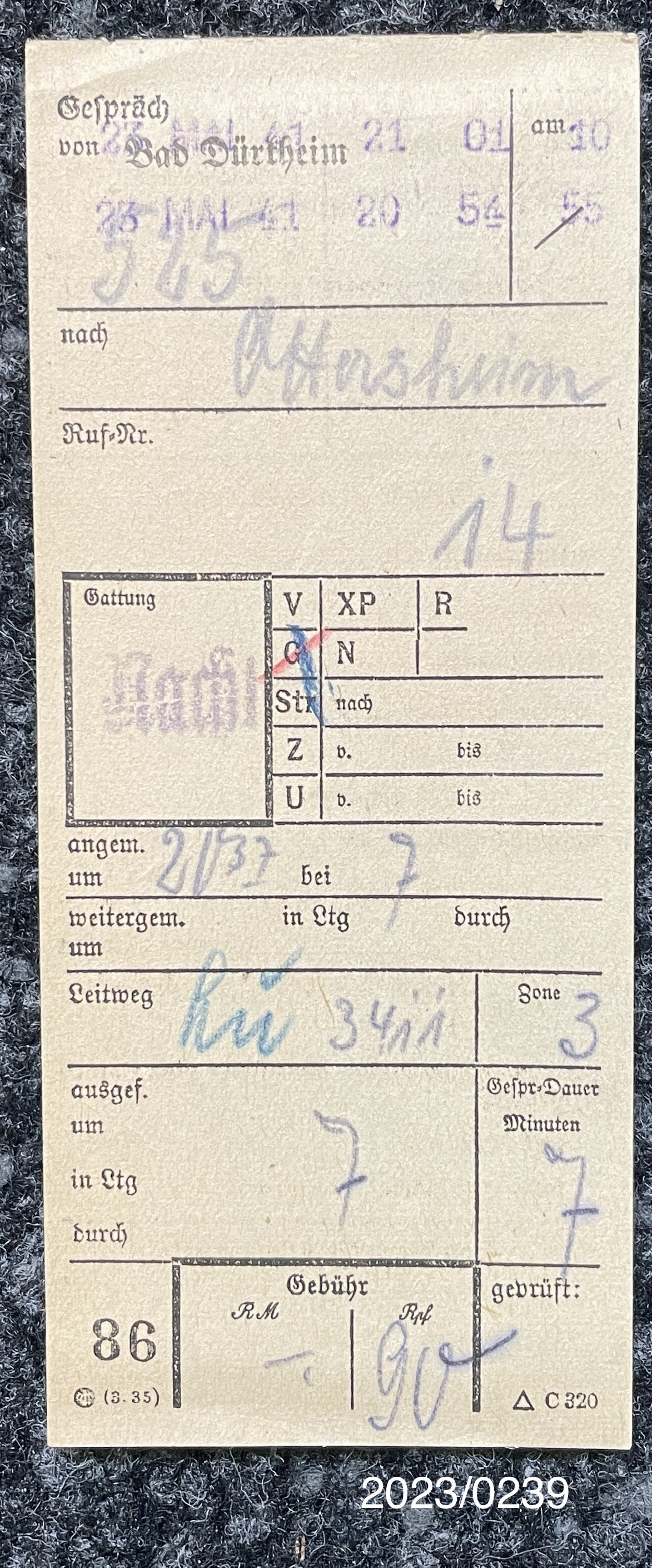 Quittung Fernruf 23.05.1941 (Stadtmuseum Bad Dürkheim im Kulturzentrum Haus Catoir CC BY-NC-SA)