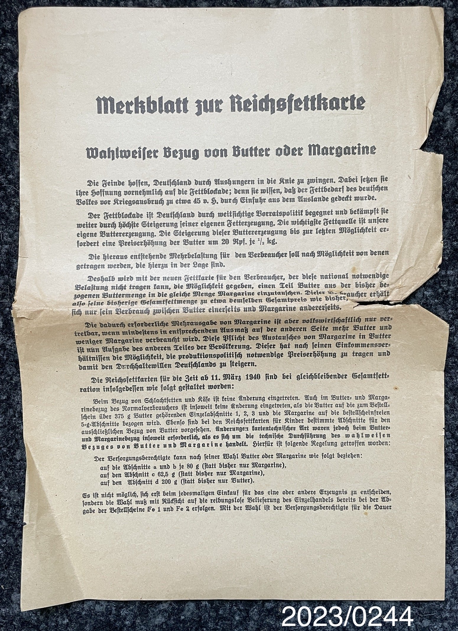 Merkblatt zur Reichsfettkarte 1940 (Stadtmuseum Bad Dürkheim im Kulturzentrum Haus Catoir CC BY-NC-SA)