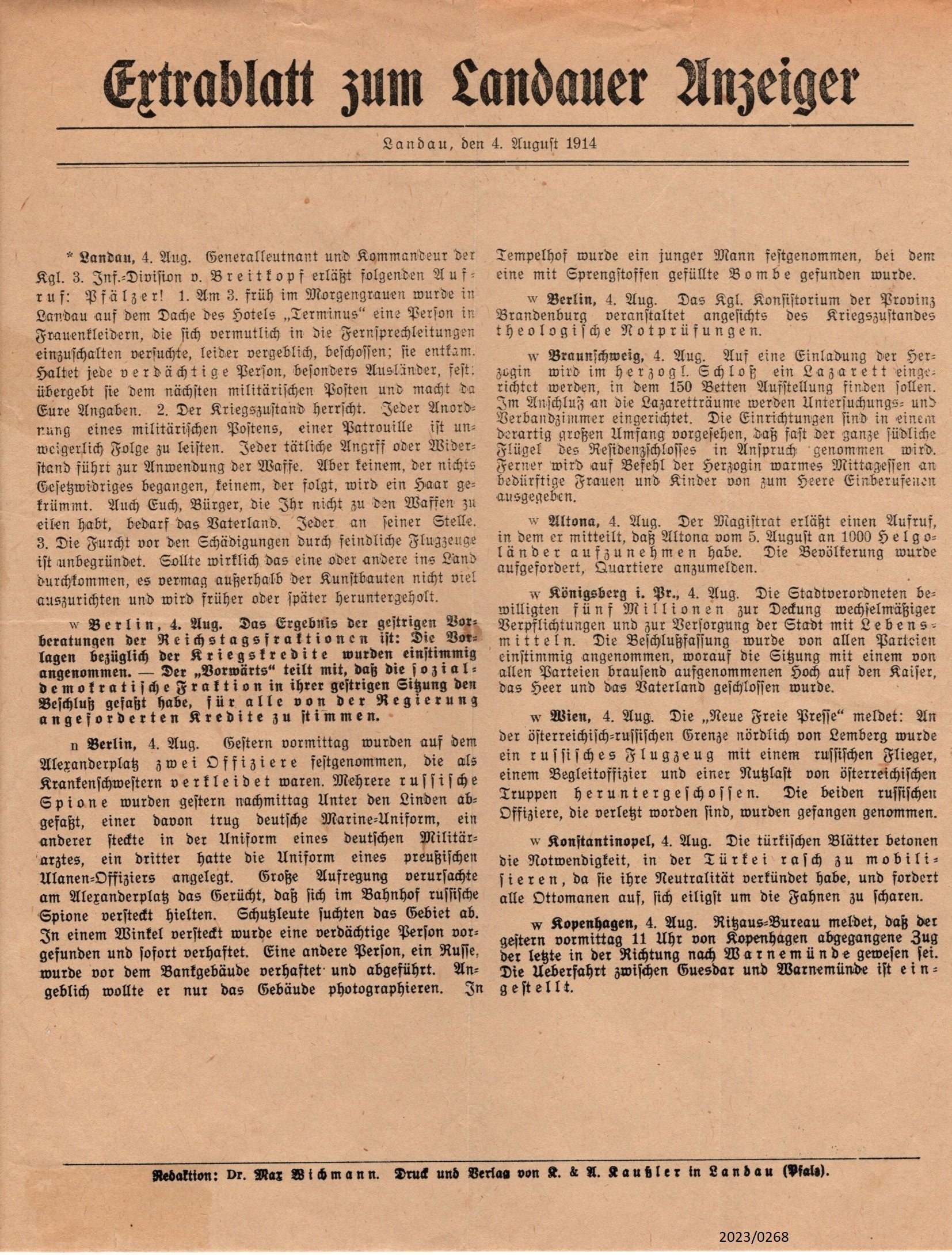 Extrablatt zum Landauer Anzeiger, 4. August 1914 (Stadtmuseum Bad Dürkheim im Kulturzentrum Haus Catoir CC BY-NC-SA)