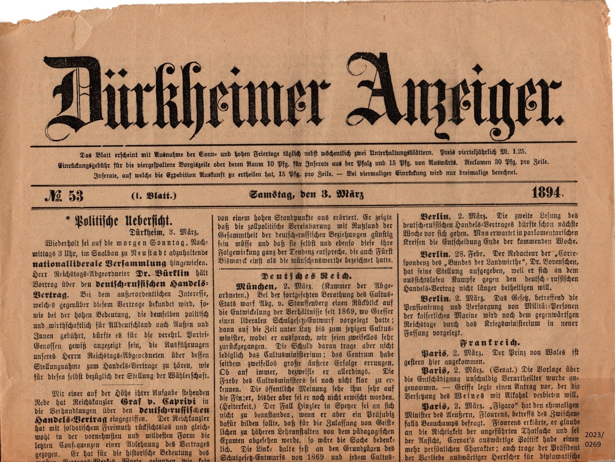 Dürkheimer Anzeiger 3. März 1894 (Stadtmuseum Bad Dürkheim im Kulturzentrum Haus Catoir CC BY-NC-SA)