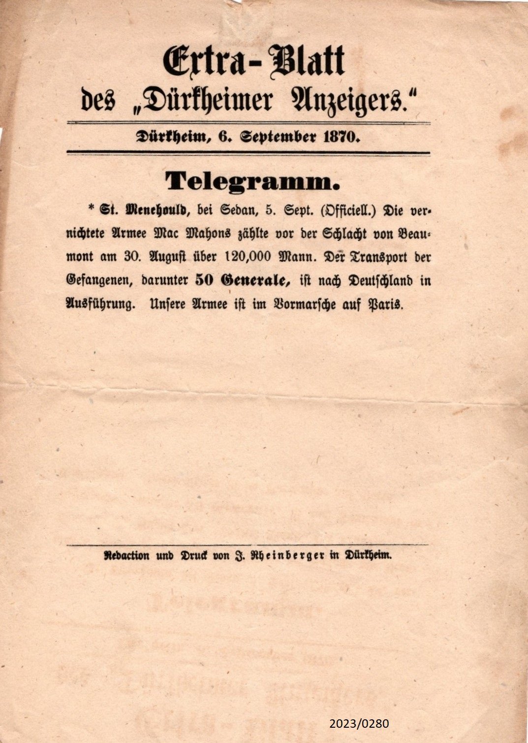 Extra-Blatt des "Dürkheimer Anzeigers", 6.9.1870 (Stadtmuseum Bad Dürkheim im Kulturzentrum Haus Catoir CC BY-NC-SA)