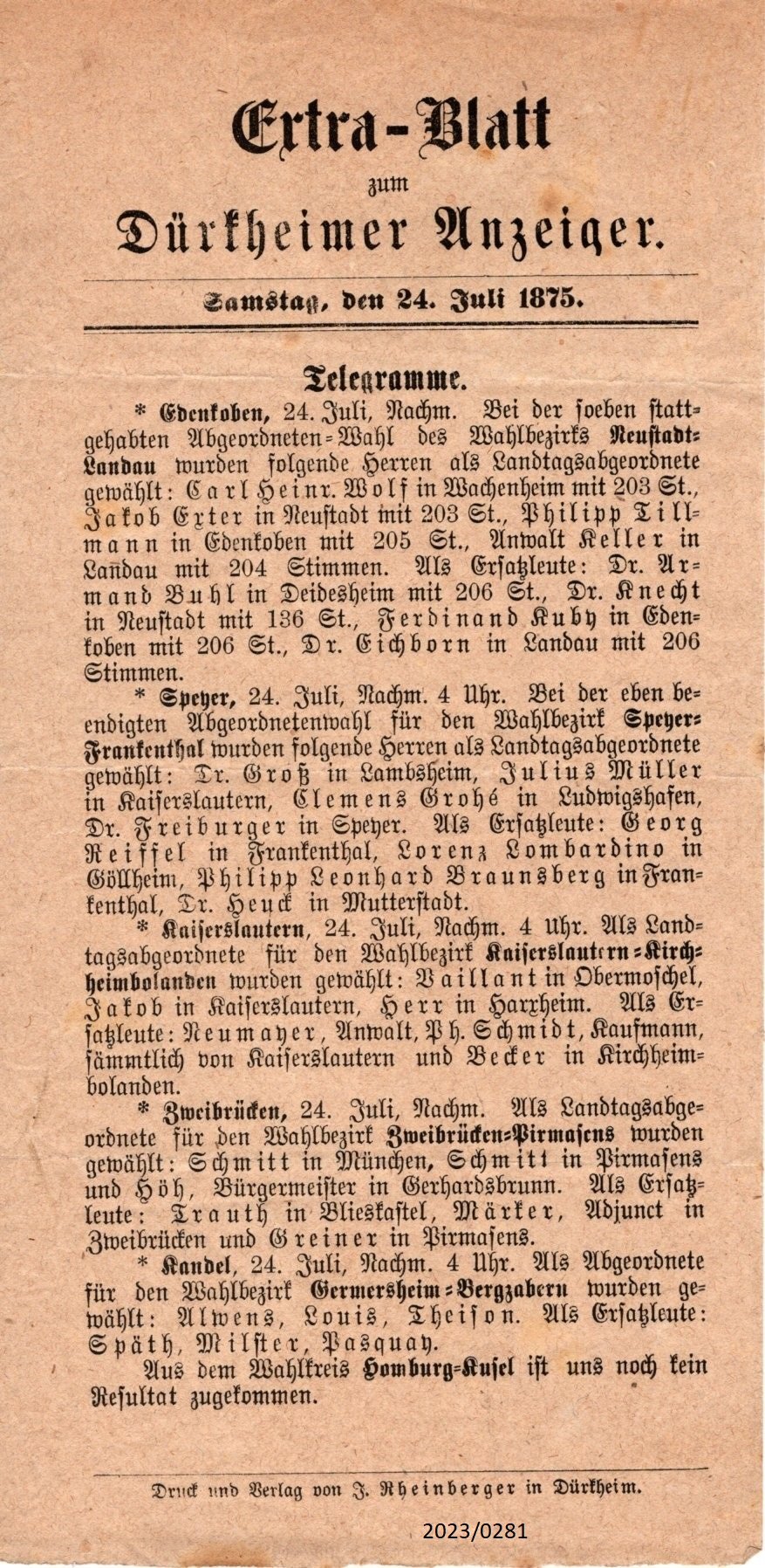 Extra-Blatt zum Dürkheimer Anzeiger vom 24.07.1875 (Stadtmuseum Bad Dürkheim im Kulturzentrum Haus Catoir CC BY-NC-SA)