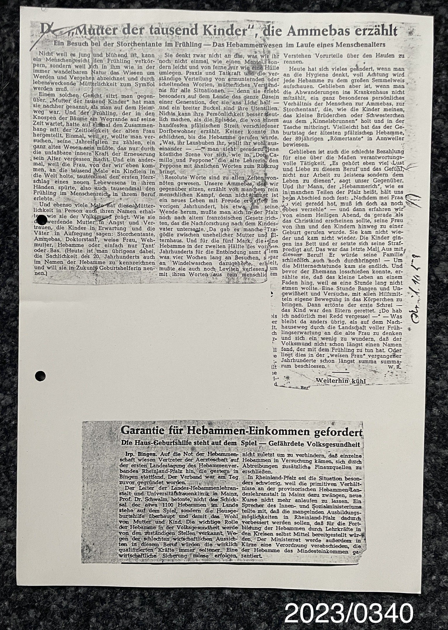 Kopie zwei Zeitungsauschnitte über Hebammen 1950er (Stadtmuseum Bad Dürkheim im Kulturzentrum Haus Catoir CC BY-NC-SA)