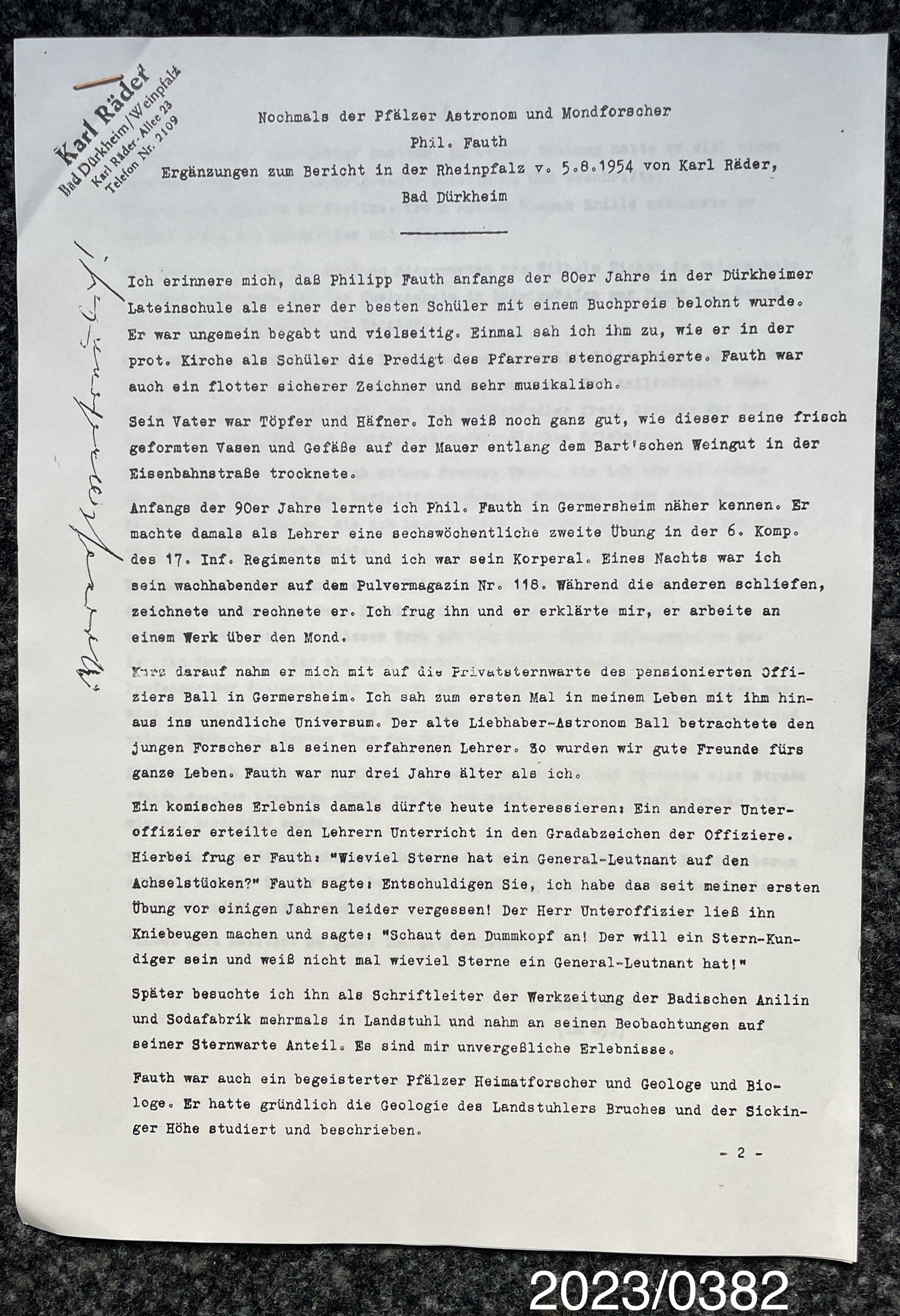 Bericht Karl Räder über Philipp Fauth (Stadtmuseum Bad Dürkheim im Kulturzentrum Haus Catoir CC BY-NC-SA)