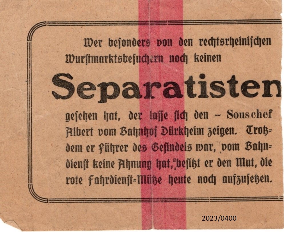 Fragment eines Flugblatts gegen Separatisten (Stadtmuseum Bad Dürkheim im Kulturzentrum Haus Catoir CC BY-NC-SA)