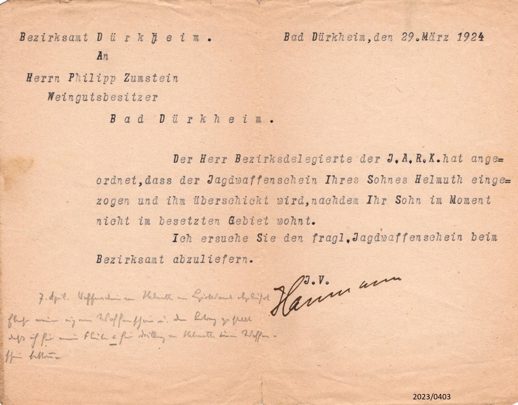 Brief des Bezirksamts Dürkheim an Herrn Philipp Zumstein 1924 (Stadtmuseum Bad Dürkheim im Kulturzentrum Haus Catoir CC BY-NC-SA)
