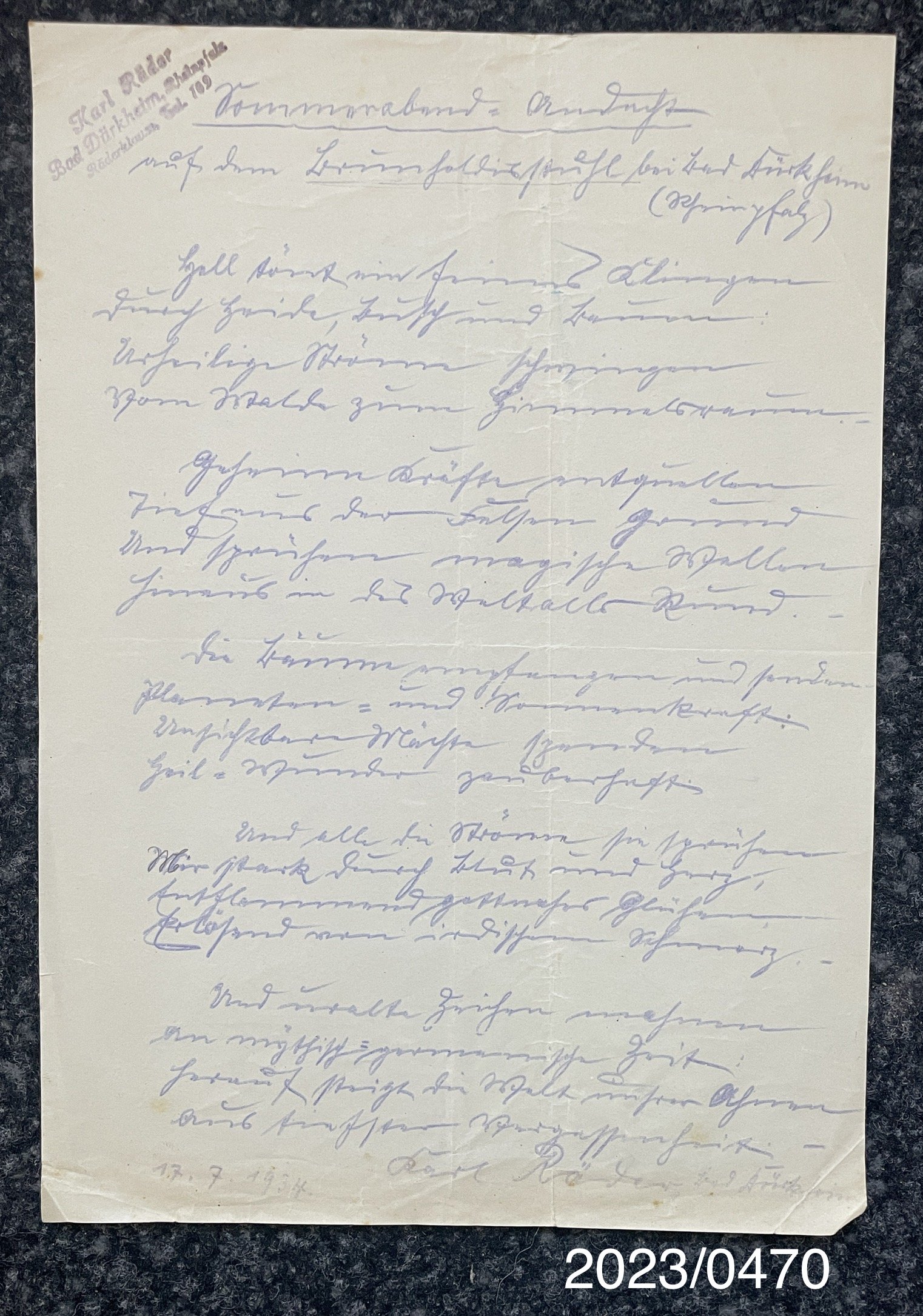 Gedicht Karl Räder 17.07.1934 (Stadtmuseum Bad Dürkheim im Kulturzentrum Haus Catoir CC BY-NC-SA)