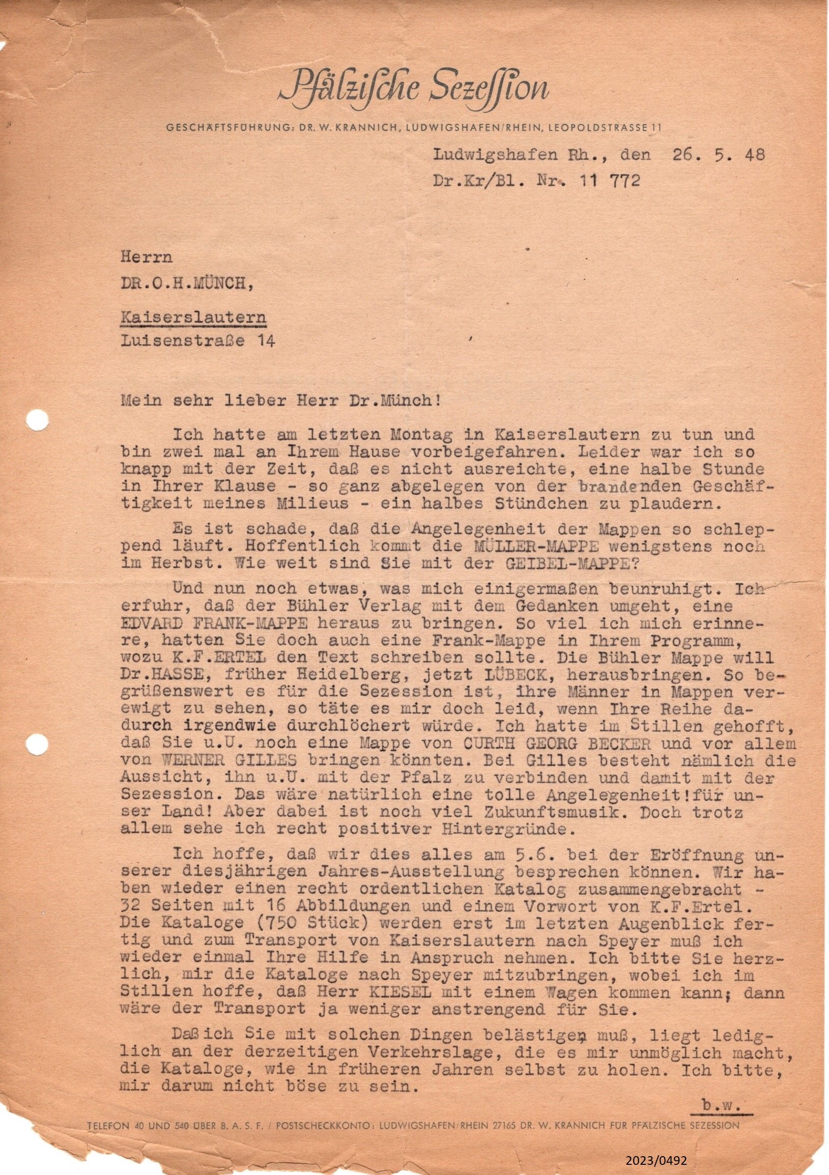 Brief der Pfälzischen Sezession von 1948 (Stadtmuseum Bad Dürkheim im Kulturzentrum Haus Catoir CC BY-NC-SA)
