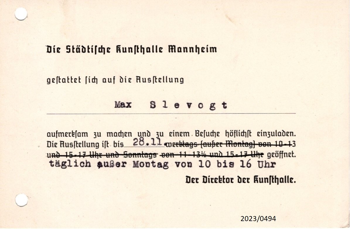 Einladung der Städtischen Kunsthalle Mannheim an Dr. Münch, Kunsthistoriker, 1948 (Stadtmuseum Bad Dürkheim im Kulturzentrum Haus Catoir CC BY-NC-SA)