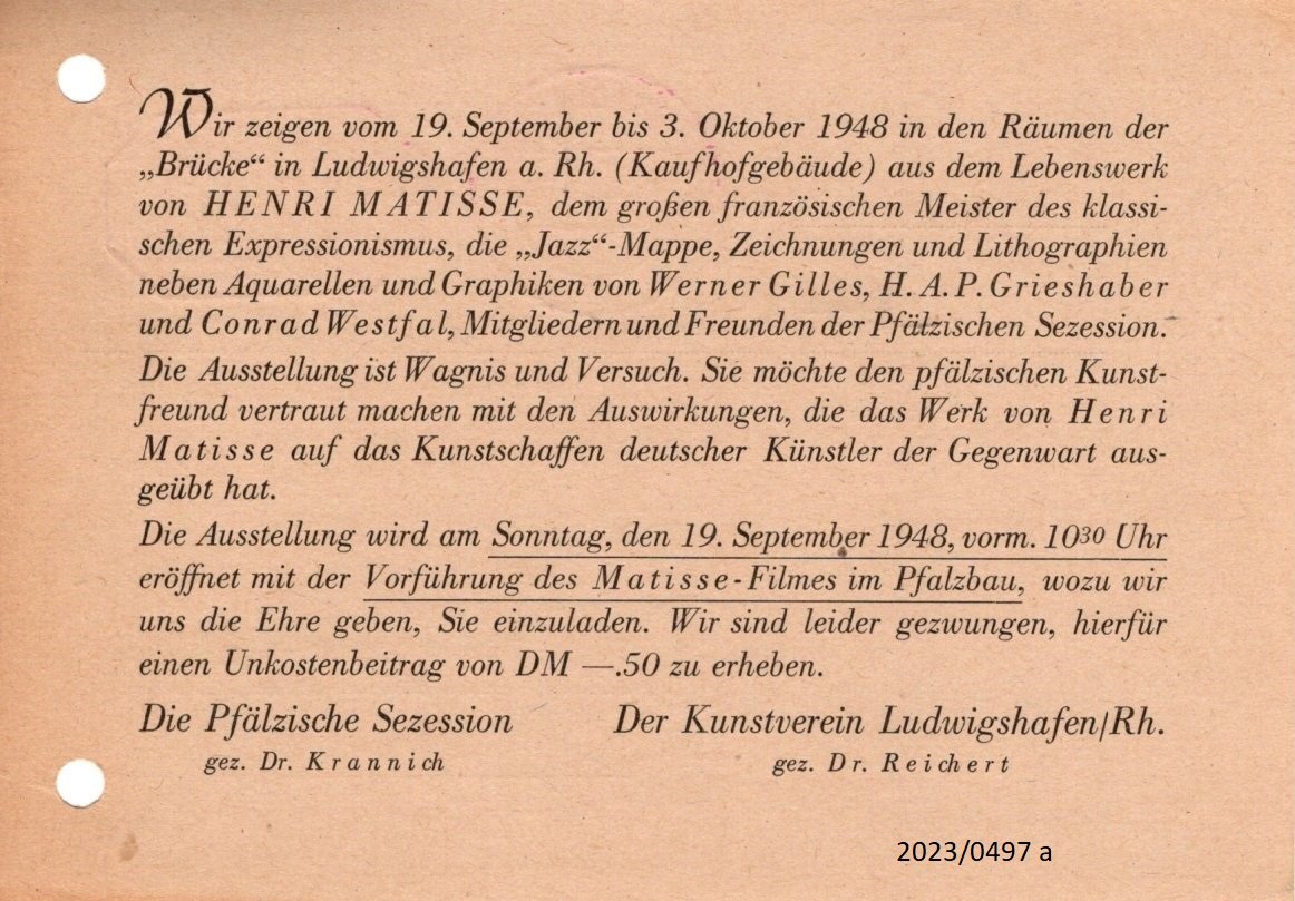 Einladungen Kunstverein Ludwigshafen an Dr. Münch, Kunsthistoriker Kaiserslautern 1948 (Stadtmuseum Bad Dürkheim im Kulturzentrum Haus Catoir CC BY-NC-SA)