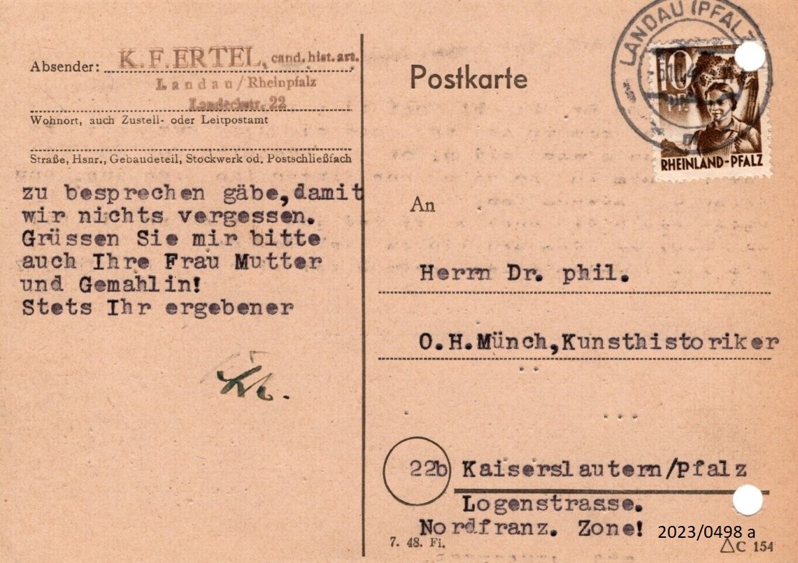 Post von K.F. Ertel an Dr. Münch, Kunsthistoriker 1948 (Stadtmuseum Bad Dürkheim im Kulturzentrum Haus Catoir CC BY-NC-SA)