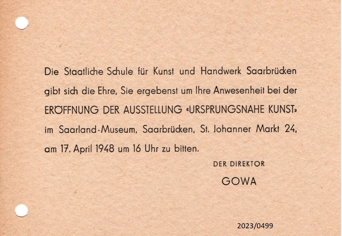 Einladung zur Ausstellung "Ursprungsnahe Kunst" in Saarbrücken 1948 (Stadtmuseum Bad Dürkheim im Kulturzentrum Haus Catoir CC BY-NC-SA)