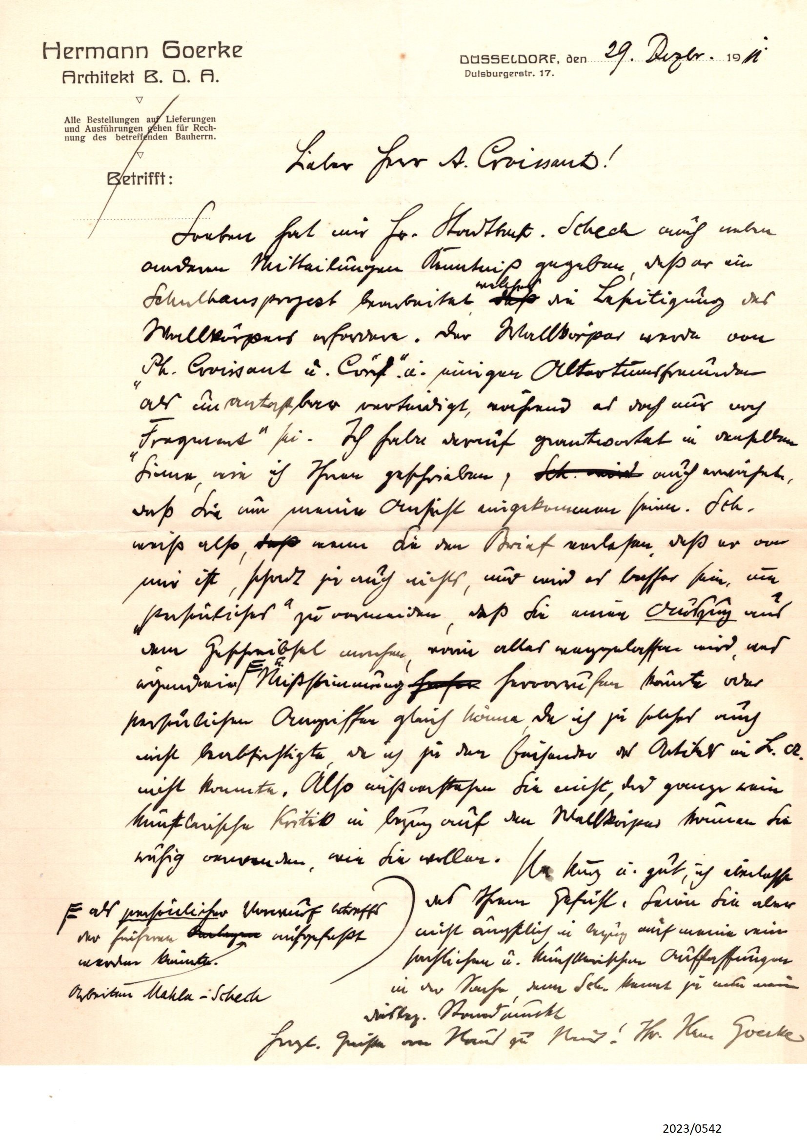 Brief von Herrmann Goerke an August Croissant 1911 (Stadtmuseum Bad Dürkheim im Kulturzentrum Haus Catoir CC BY-NC-SA)