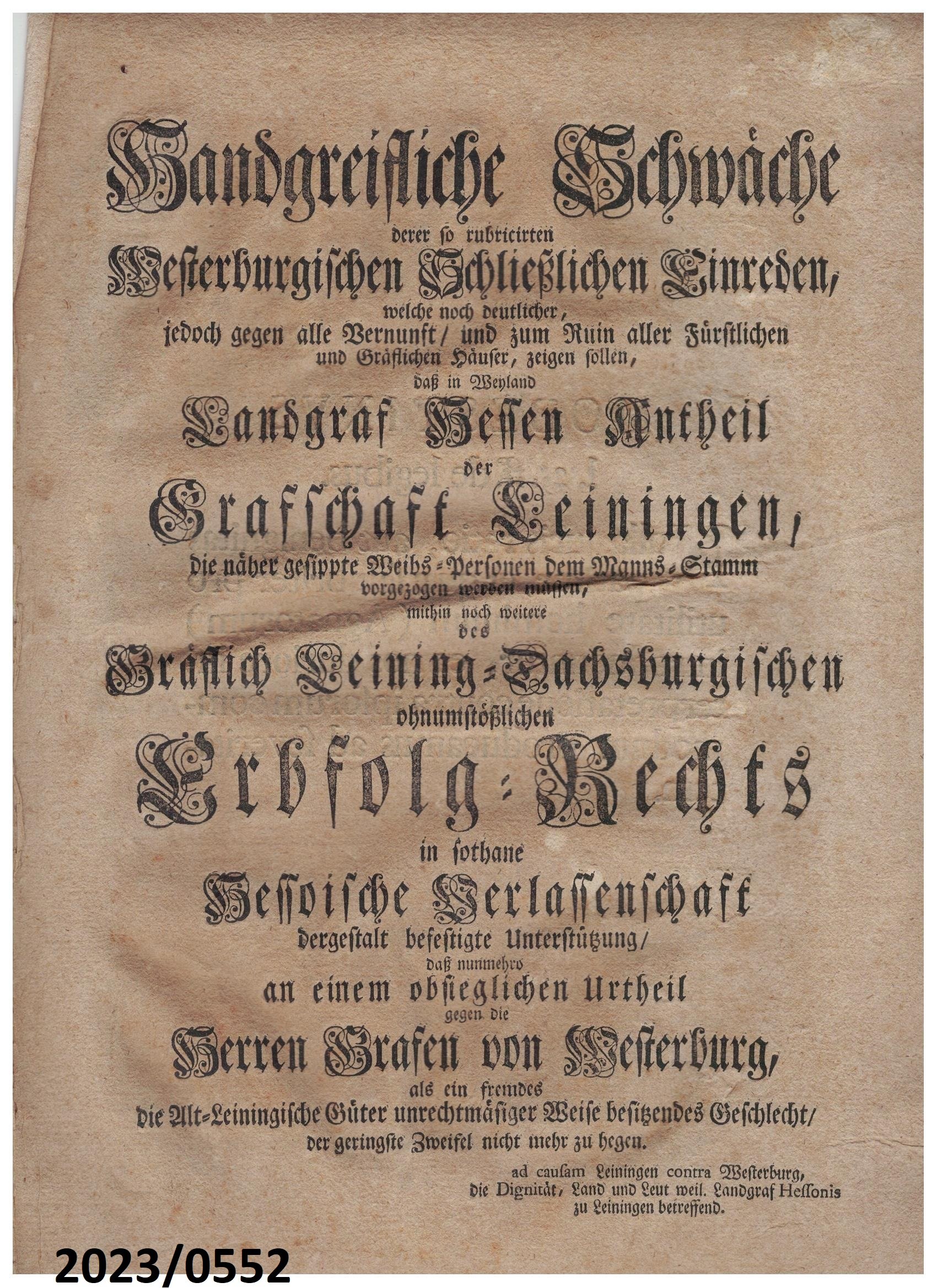 Druckschrift über Erbfolge-Rechtsstreit des Landgrafen Hesso von Leiningen (Stadtmuseum Bad Dürkheim im Kulturzentrum Haus Catoir CC BY-NC-SA)