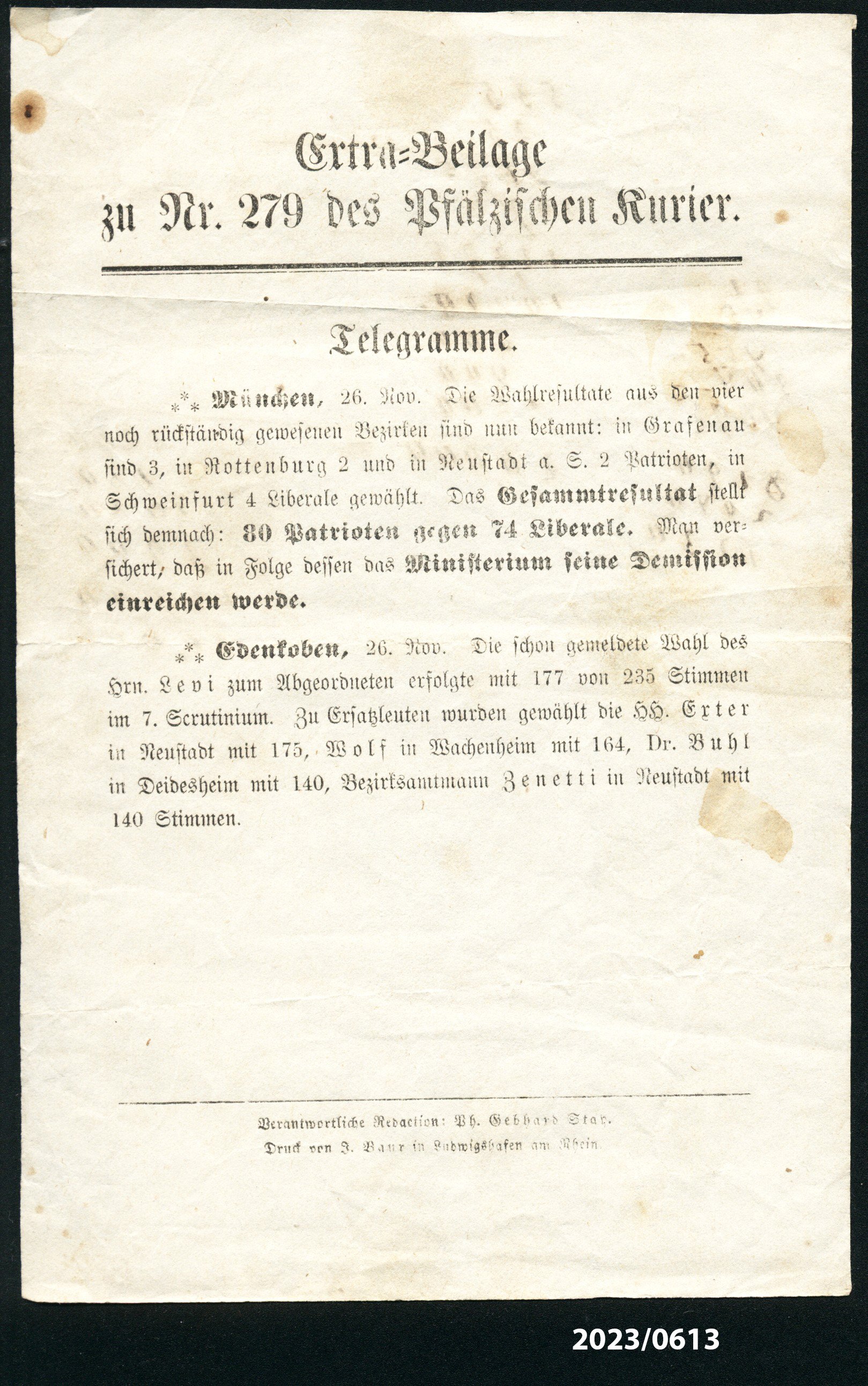 Extra-Beilage zu Nr. 279 des Pfälzischen Kurier 27.11.1870 (Stadtmuseum Bad Dürkheim im Kulturzentrum Haus Catoir CC BY-NC-SA)