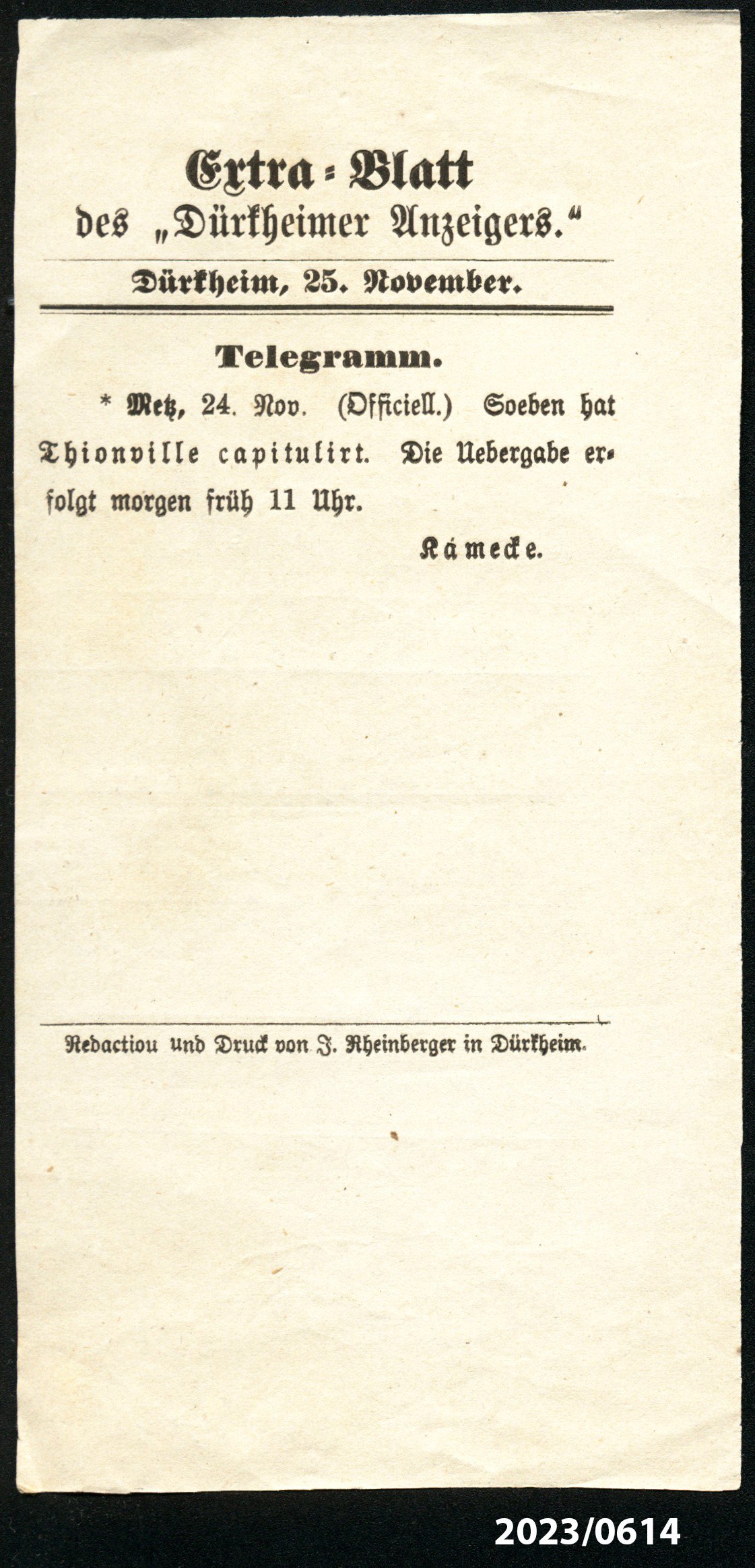Extra-Blatt des "Dürkheimer Anzeigers" 25.11.1870 (Stadtmuseum Bad Dürkheim im Kulturzentrum Haus Catoir CC BY-NC-SA)