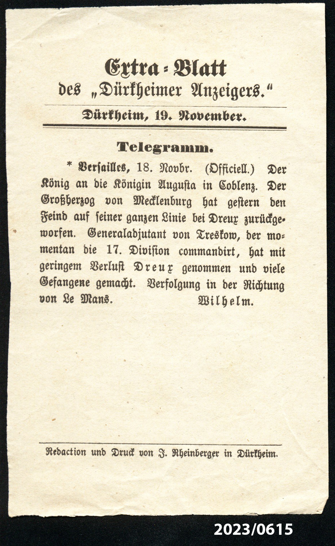 Extra-Blatt des "Dürkheimer Anzeigers" 19.11.1870 (Stadtmuseum Bad Dürkheim im Kulturzentrum Haus Catoir CC BY-NC-SA)
