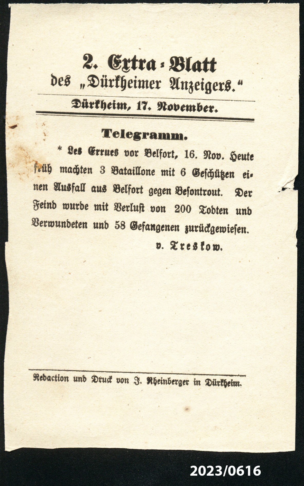 2. Extra-Blatt des "Dürkheimer Anzeigers" 17.11.1870 (Stadtmuseum Bad Dürkheim im Kulturzentrum Haus Catoir CC BY-NC-SA)