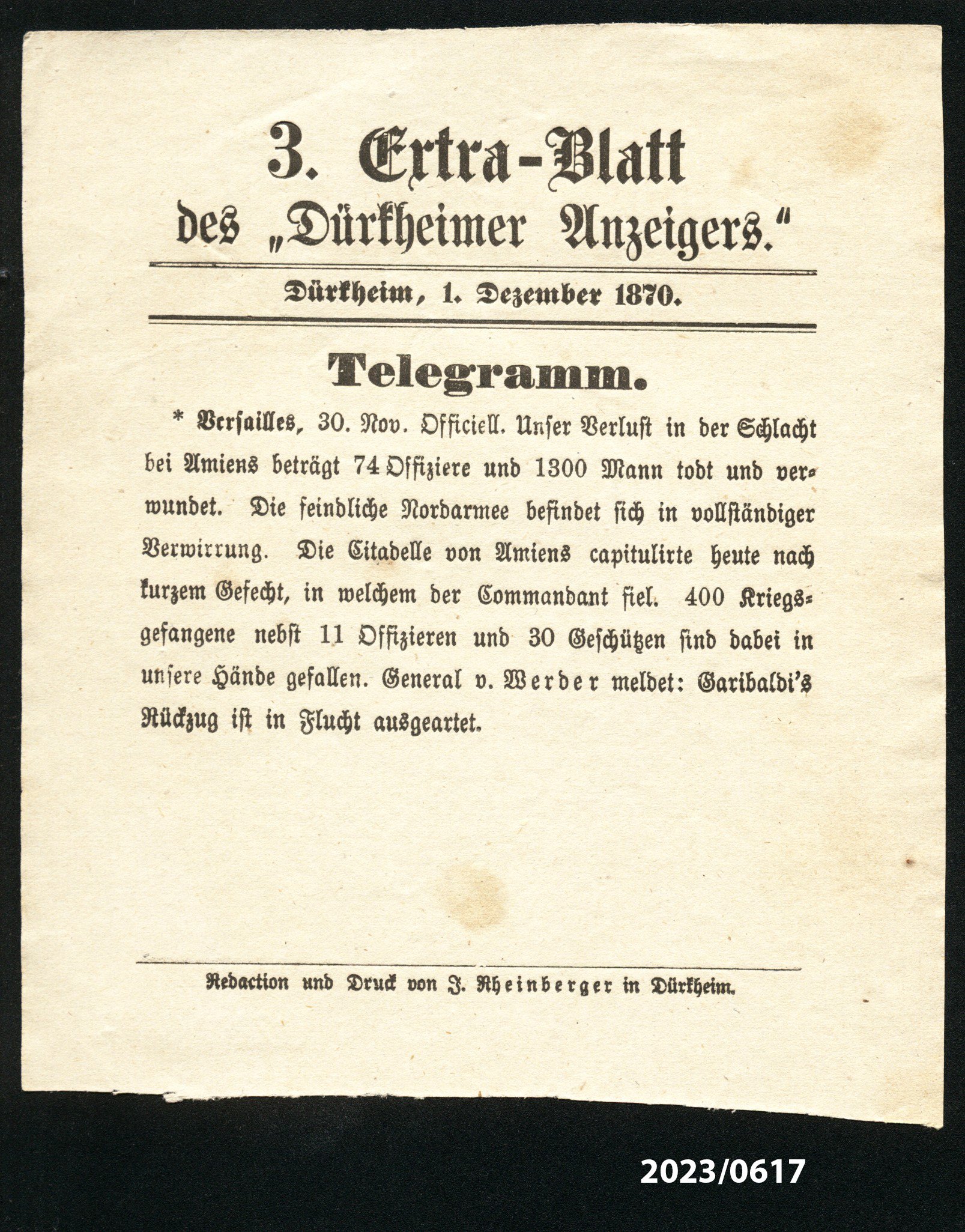 3. Extra-Blatt des "Dürkheimer Anzeigers" 1.12.1870 (Stadtmuseum Bad Dürkheim im Kulturzentrum Haus Catoir CC BY-NC-SA)