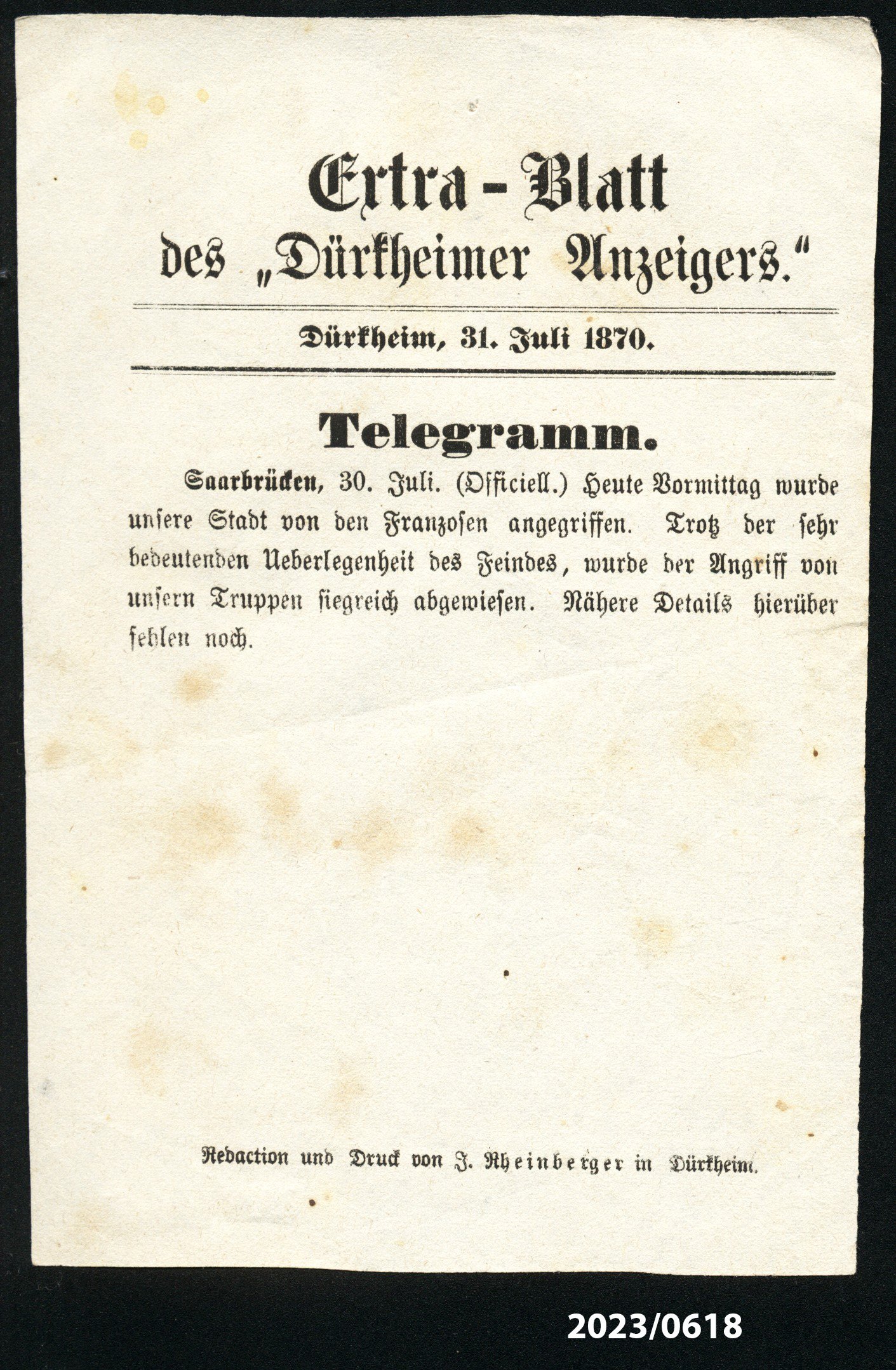 Extra-Blatt des "Dürkheimer Anzeigers" 31.7.1870 (Stadtmuseum Bad Dürkheim im Kulturzentrum Haus Catoir CC BY-NC-SA)