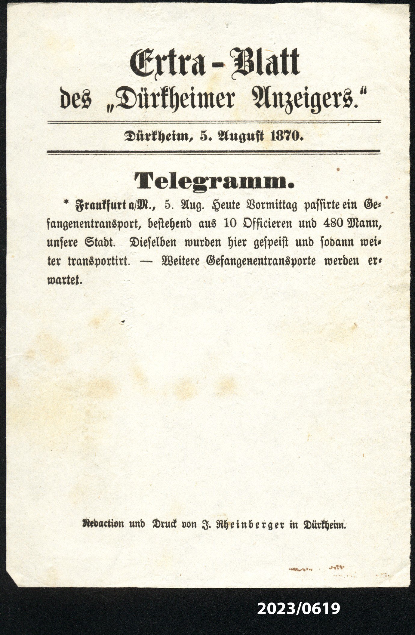 Extra-Blatt des "Dürkheimer Anzeigers" 5.8.1870 (Stadtmuseum Bad Dürkheim im Kulturzentrum Haus Catoir CC BY-NC-SA)