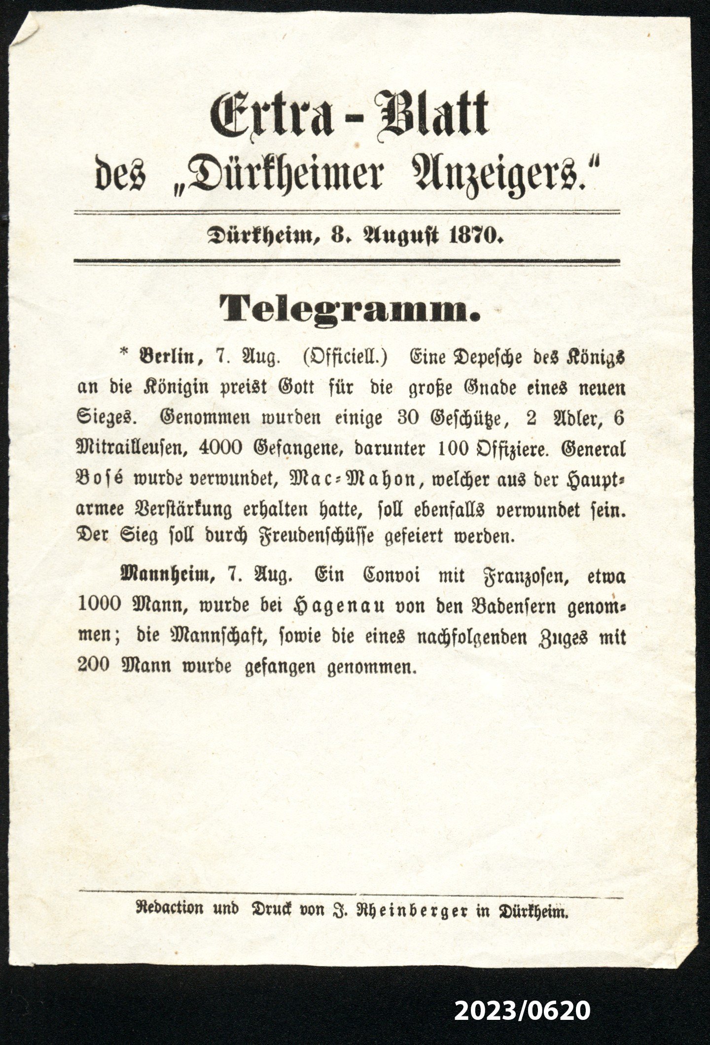 Extra-Blatt des "Dürkheimer Anzeigers" 8.8.1870 (Stadtmuseum Bad Dürkheim im Kulturzentrum Haus Catoir CC BY-NC-SA)