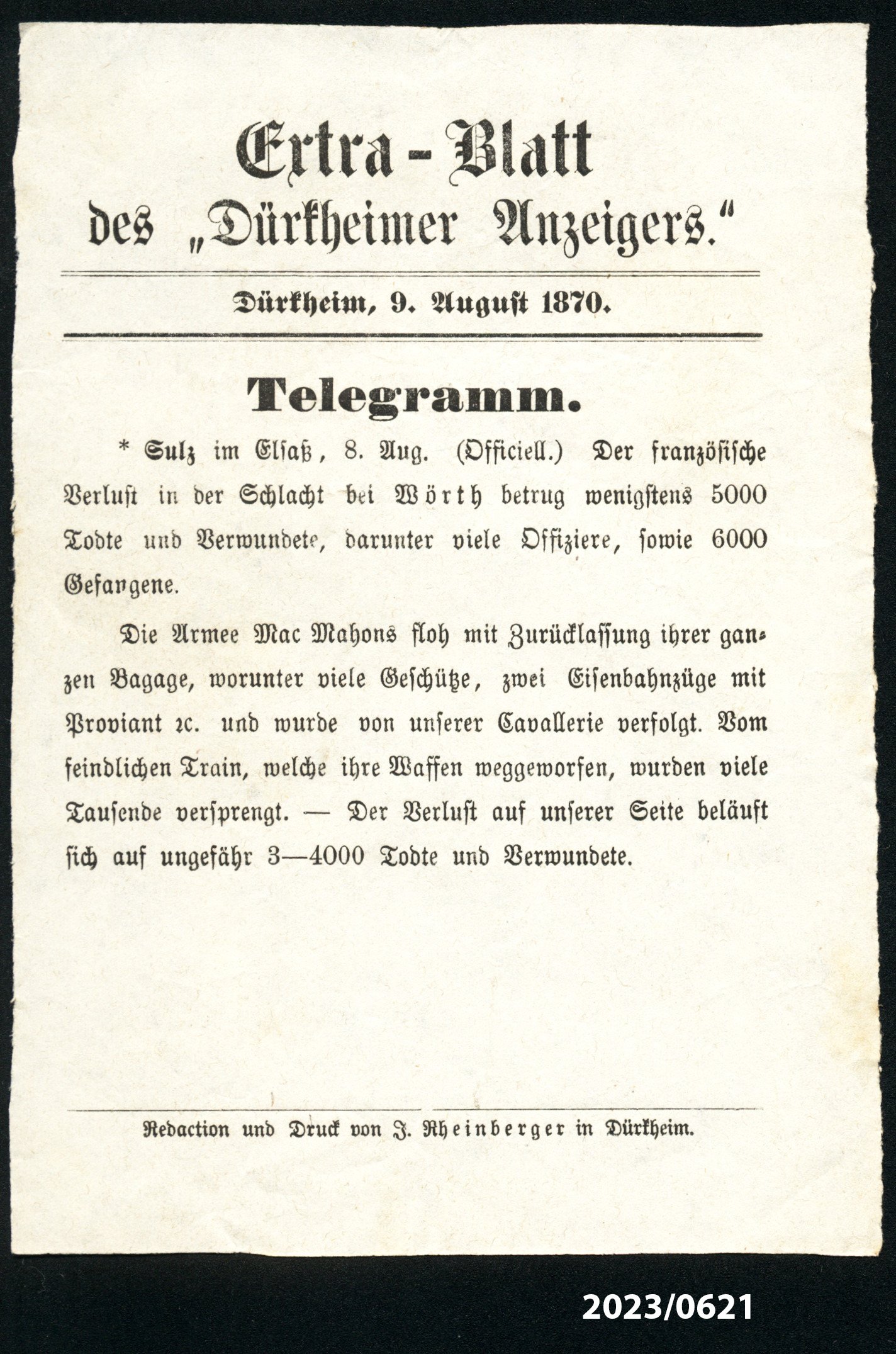 Extra-Blatt des "Dürkheimer Anzeigers" 9.8.1870 (Stadtmuseum Bad Dürkheim im Kulturzentrum Haus Catoir CC BY-NC-SA)