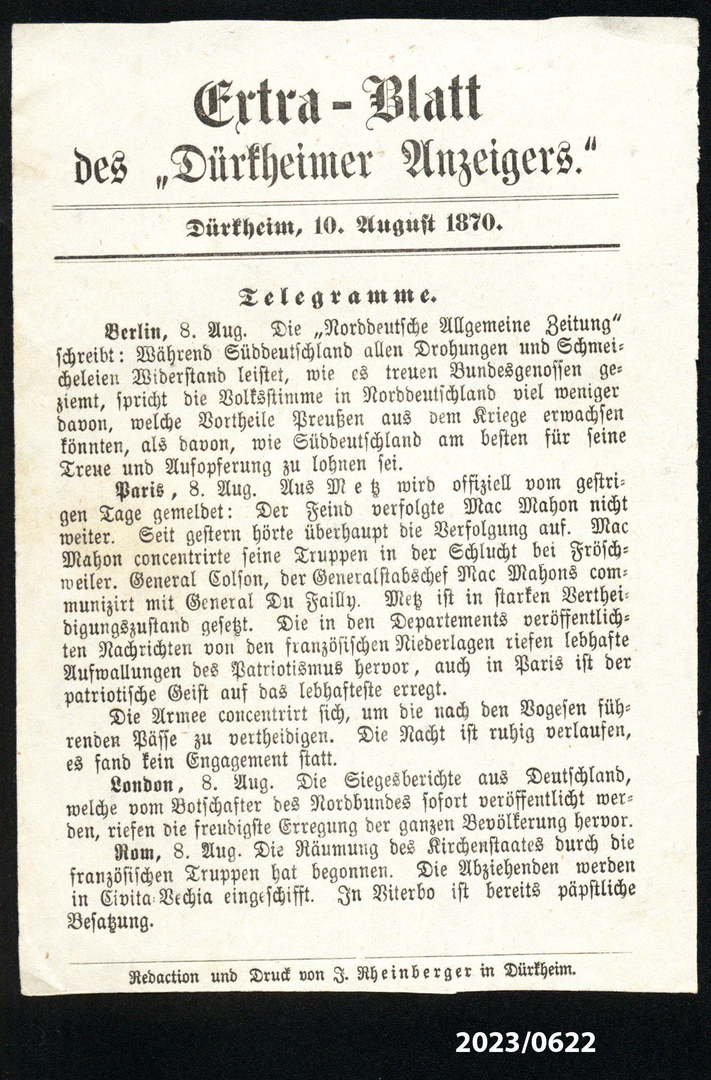 Extra-Blatt des "Dürkheimer Anzeigers" 10.8.1870 (Stadtmuseum Bad Dürkheim im Kulturzentrum Haus Catoir CC BY-NC-SA)