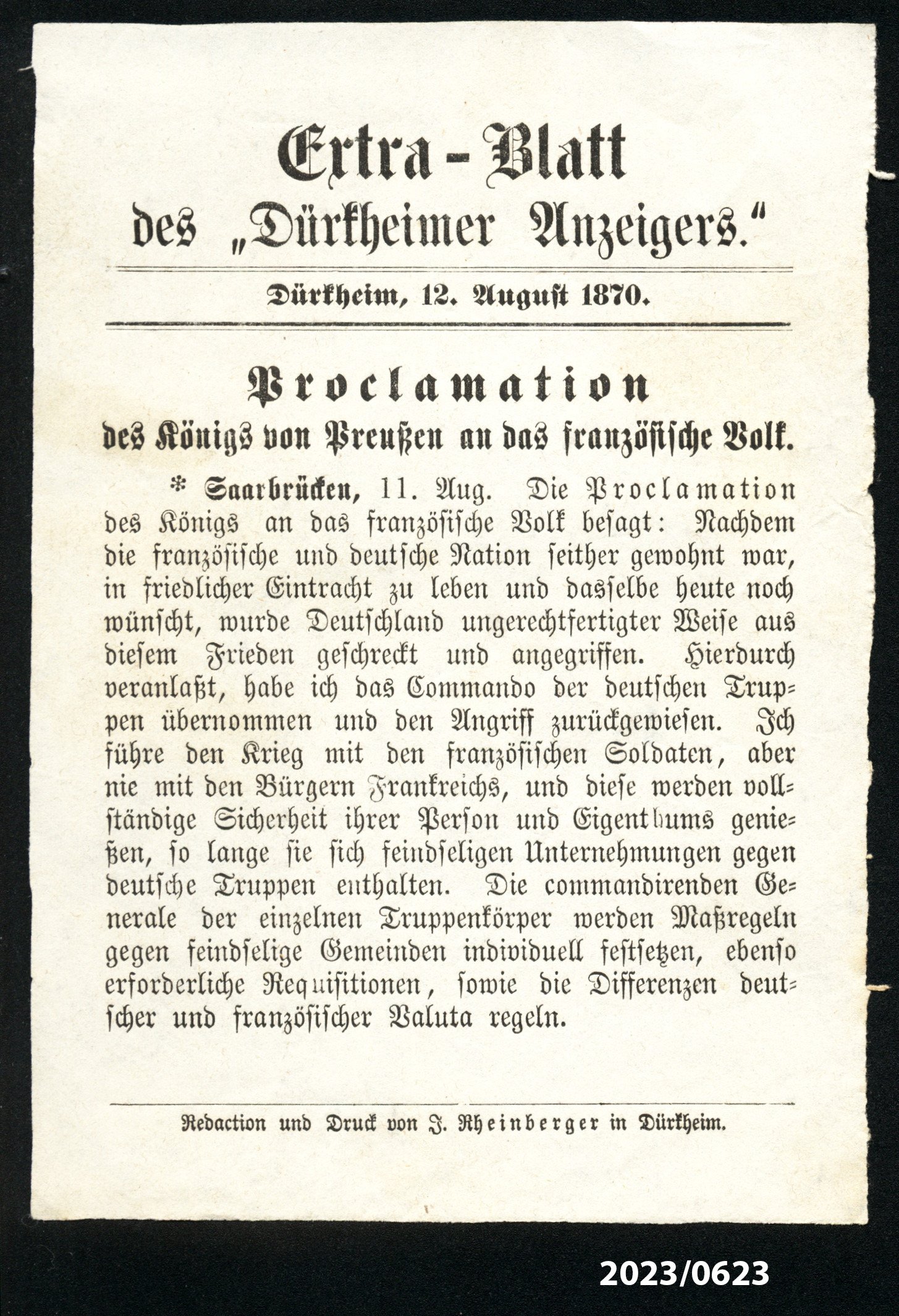 Extra-Blatt des "Dürkheimer Anzeigers" 12.8.1870 (Stadtmuseum Bad Dürkheim im Kulturzentrum Haus Catoir CC BY-NC-SA)