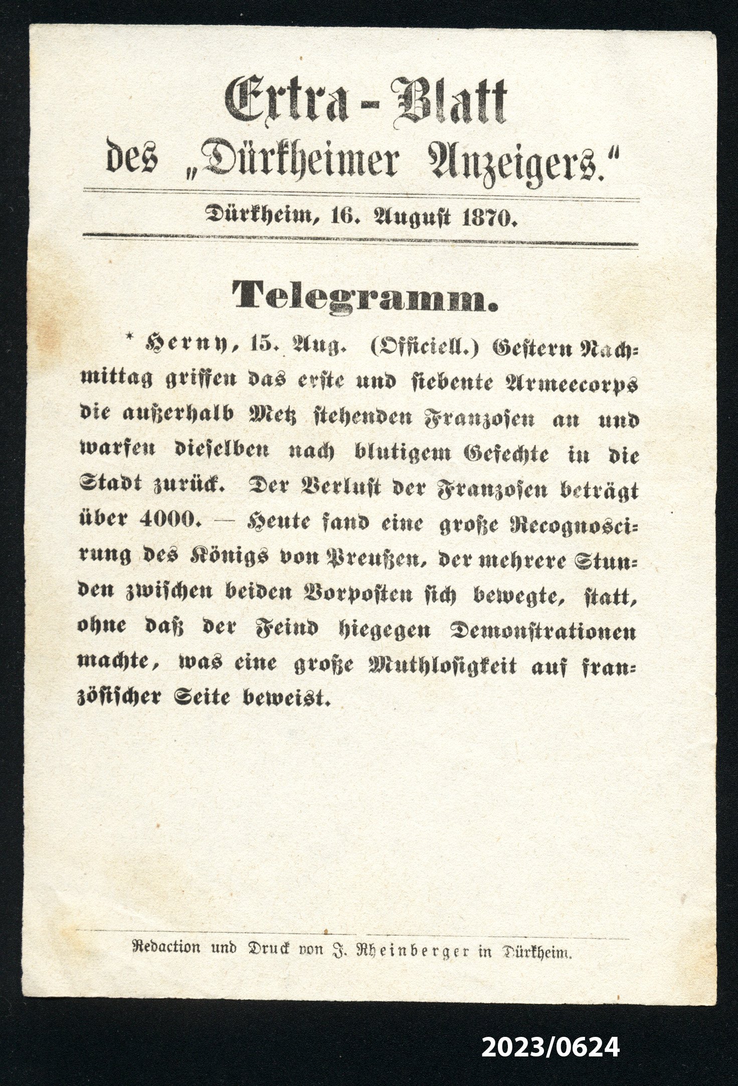 Extra-Blatt des "Dürkheimer Anzeigers" 16.8.1870 (Stadtmuseum Bad Dürkheim im Kulturzentrum Haus Catoir CC BY-NC-SA)