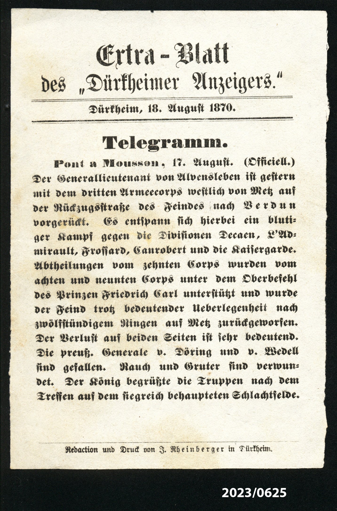 Extra-Blatt des "Dürkheimer Anzeigers" 18.8.1870 (Stadtmuseum Bad Dürkheim im Kulturzentrum Haus Catoir CC BY-NC-SA)