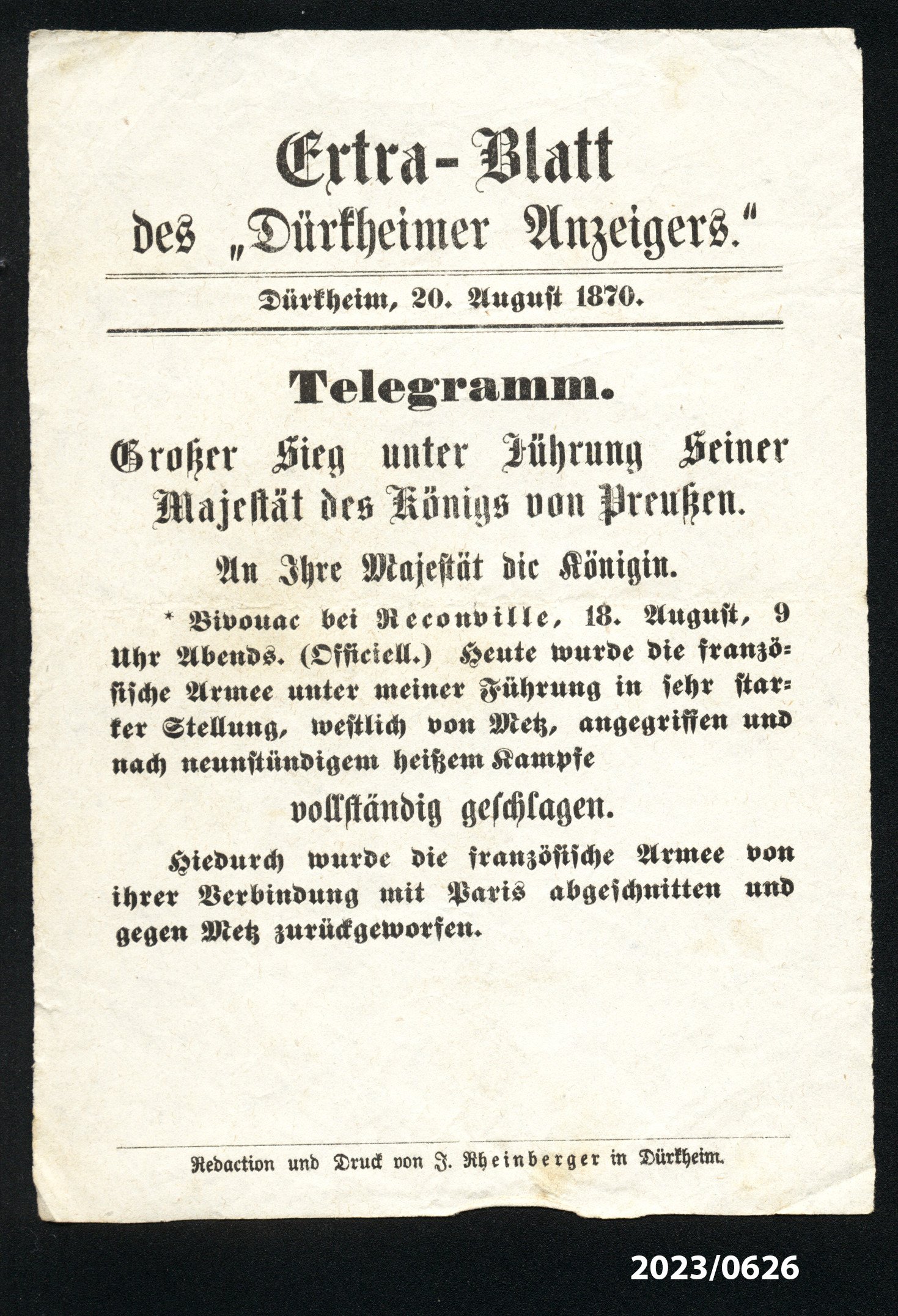 Extra-Blatt des "Dürkheimer Anzeigers" 20.8.1870 (Stadtmuseum Bad Dürkheim im Kulturzentrum Haus Catoir CC BY-NC-SA)
