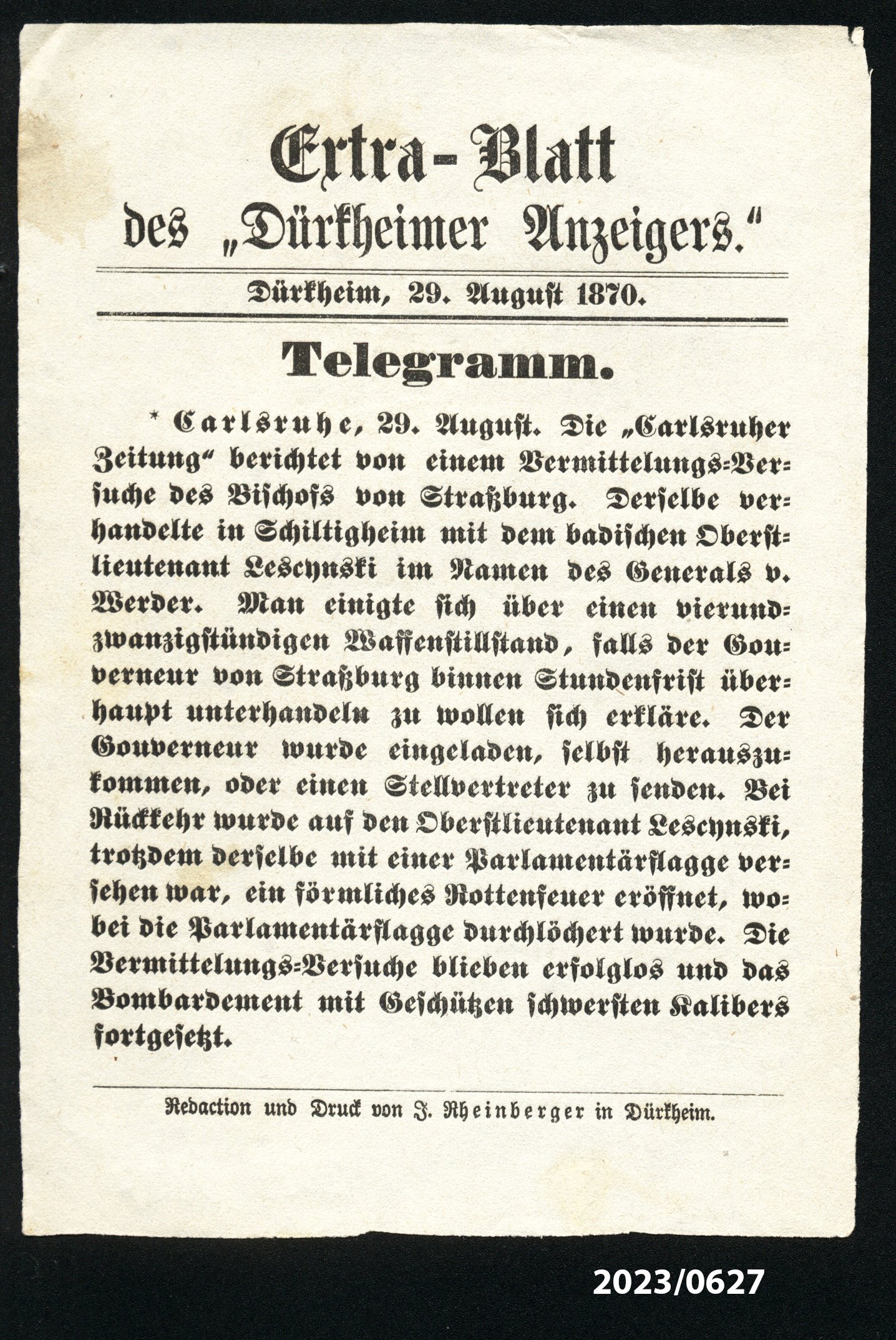 Extra-Blatt des "Dürkheimer Anzeigers" 29.8.1870 (Stadtmuseum Bad Dürkheim im Kulturzentrum Haus Catoir CC BY-NC-SA)