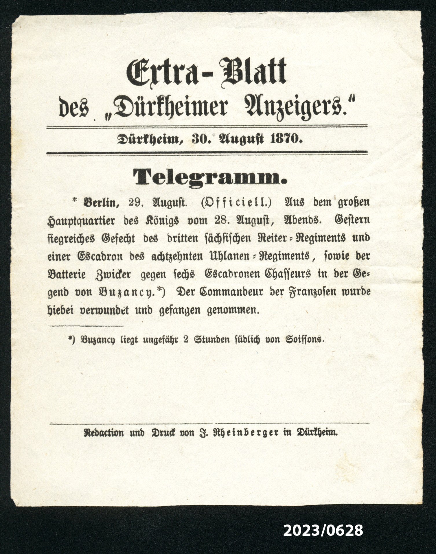 Extra-Blatt des "Dürkheimer Anzeigers" 30.8.1870 (Stadtmuseum Bad Dürkheim im Kulturzentrum Haus Catoir CC BY-NC-SA)