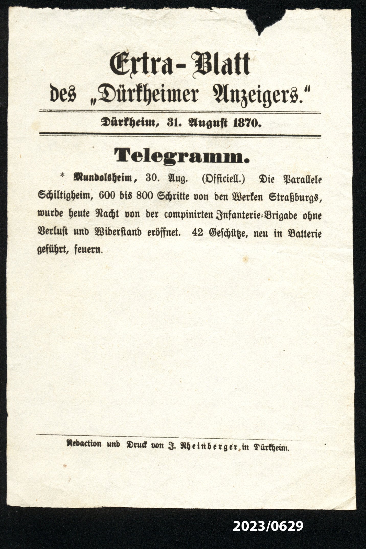 Extra-Blatt des "Dürkheimer Anzeigers" 31.8.1870 (Stadtmuseum Bad Dürkheim im Kulturzentrum Haus Catoir CC BY-NC-SA)