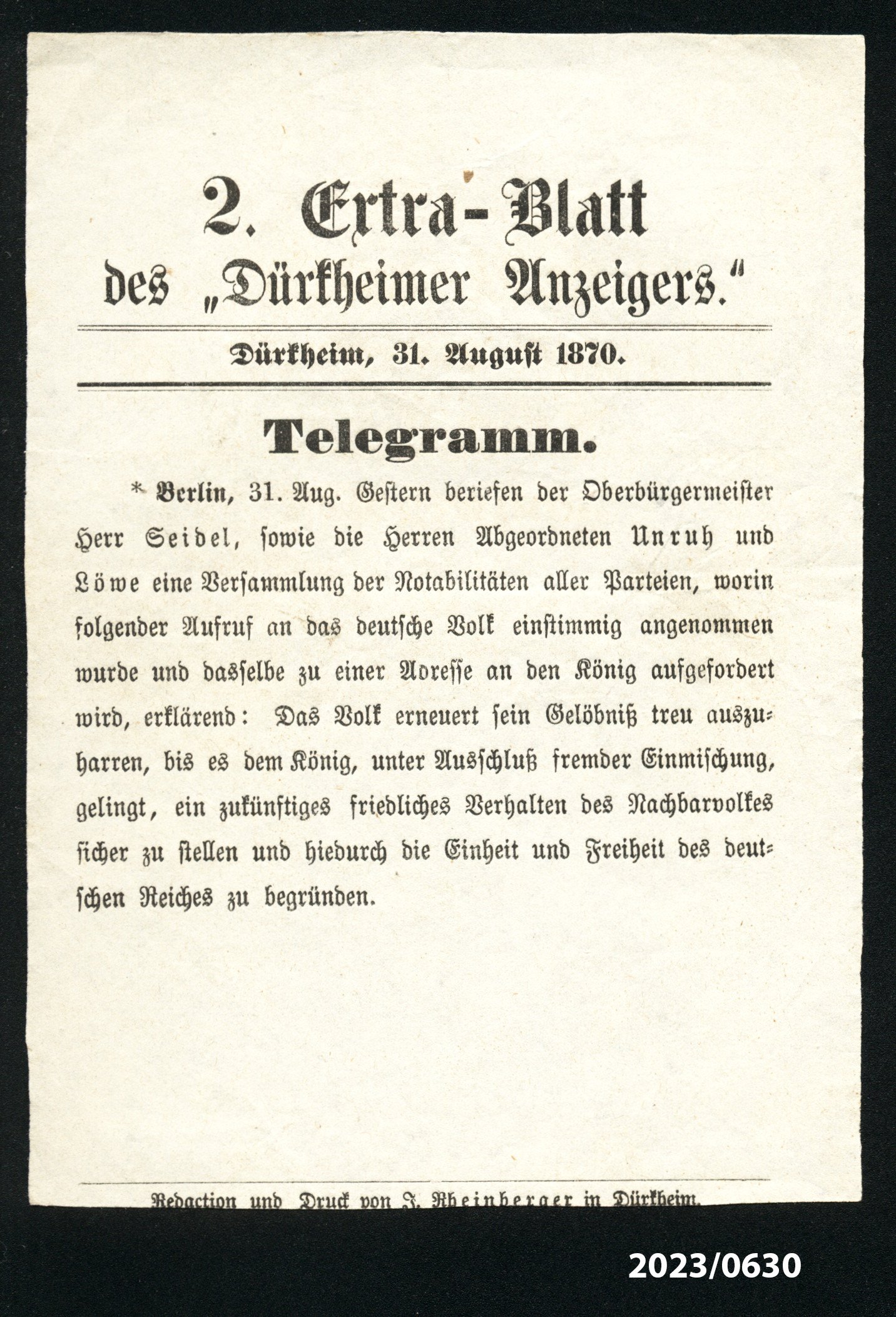 2. Extra-Blatt des "Dürkheimer Anzeigers" 31.8.1870 (Stadtmuseum Bad Dürkheim im Kulturzentrum Haus Catoir CC BY-NC-SA)