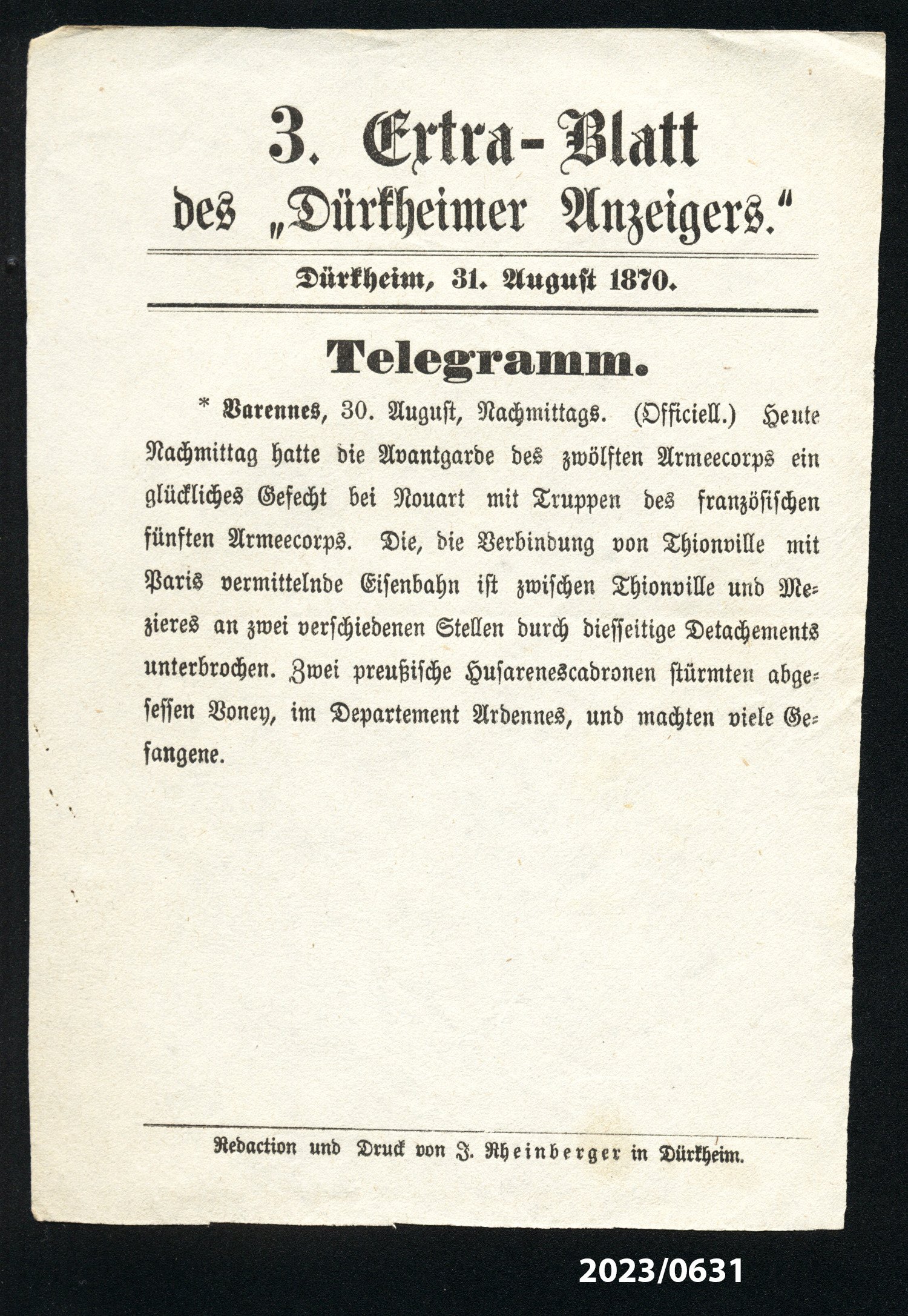 3. Extra-Blatt des "Dürkheimer Anzeigers" 31.8.1870 (Stadtmuseum Bad Dürkheim im Kulturzentrum Haus Catoir CC BY-NC-SA)