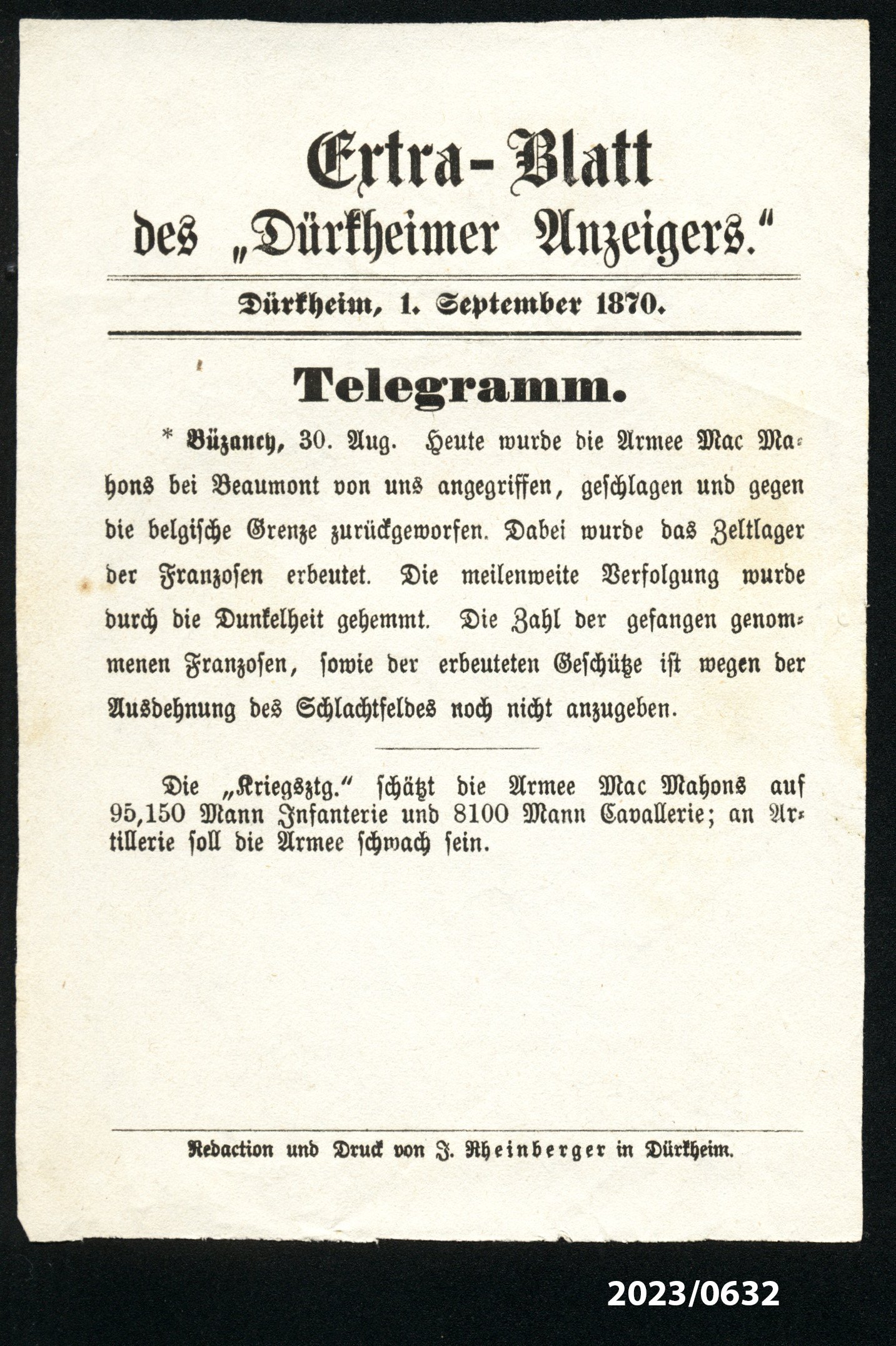 Extra-Blatt des "Dürkheimer Anzeigers" 1.9.1870 (Stadtmuseum Bad Dürkheim im Kulturzentrum Haus Catoir CC BY-NC-SA)