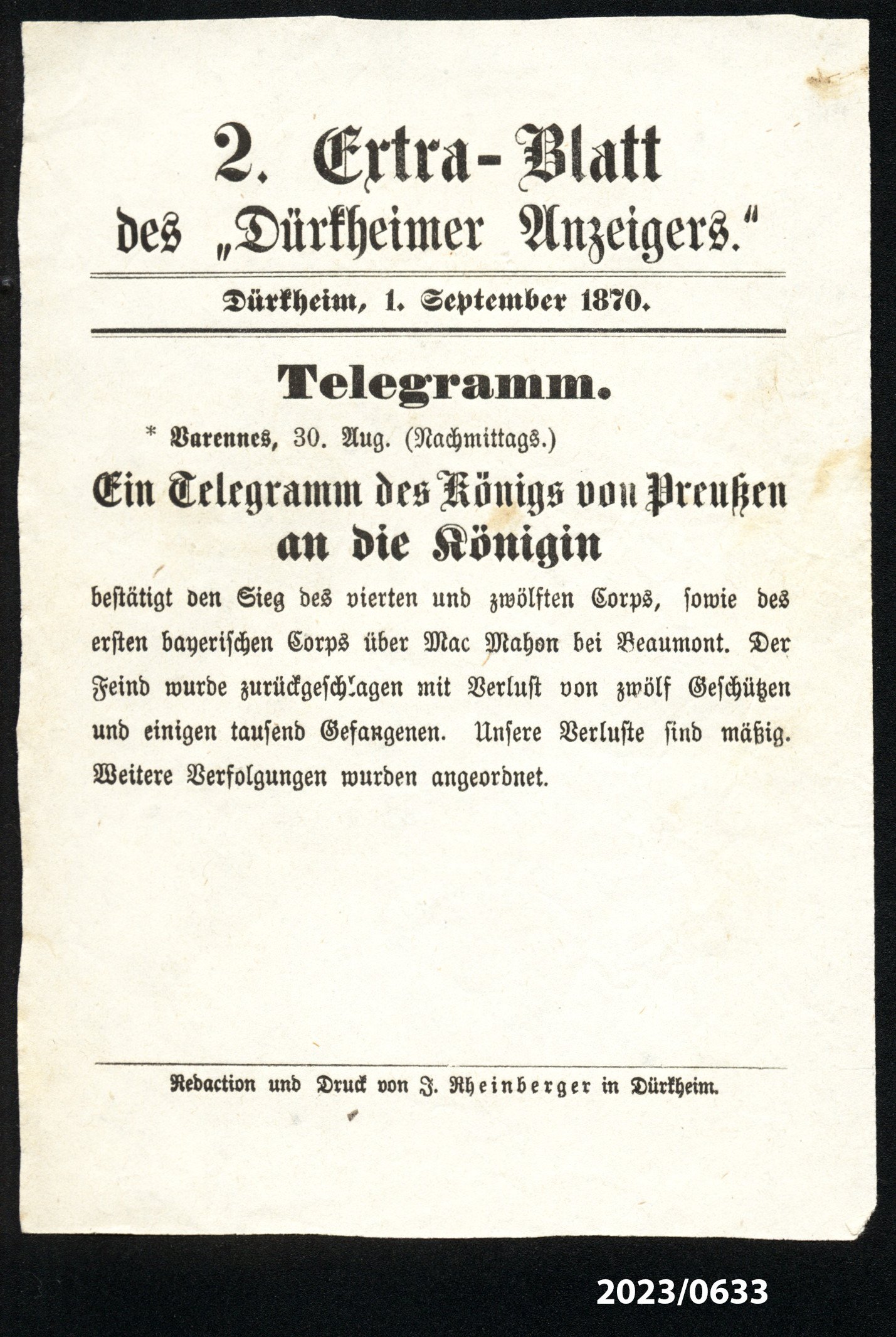 2. Extra-Blatt des "Dürkheimer Anzeigers" 1.9.1870 (Stadtmuseum Bad Dürkheim im Kulturzentrum Haus Catoir CC BY-NC-SA)