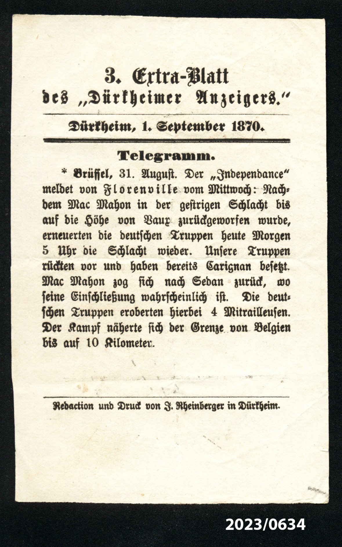 3. Extra-Blatt des "Dürkheimer Anzeigers" 1.9.1870 (Stadtmuseum Bad Dürkheim im Kulturzentrum Haus Catoir CC BY-NC-SA)