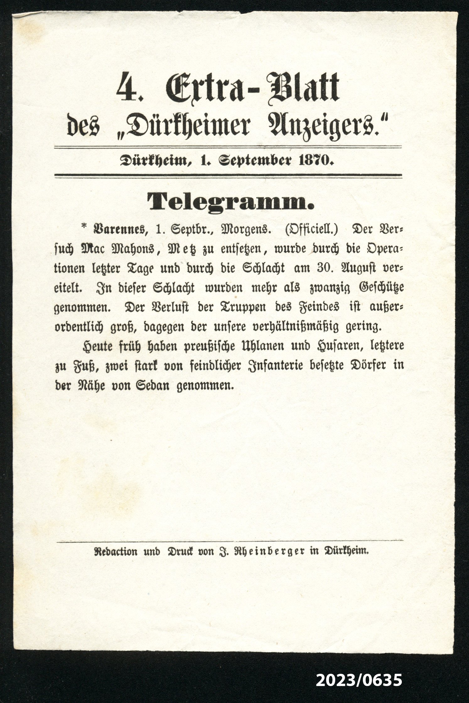 4. Extra-Blatt des "Dürkheimer Anzeigers" 1.9.1870 (Stadtmuseum Bad Dürkheim im Kulturzentrum Haus Catoir CC BY-NC-SA)