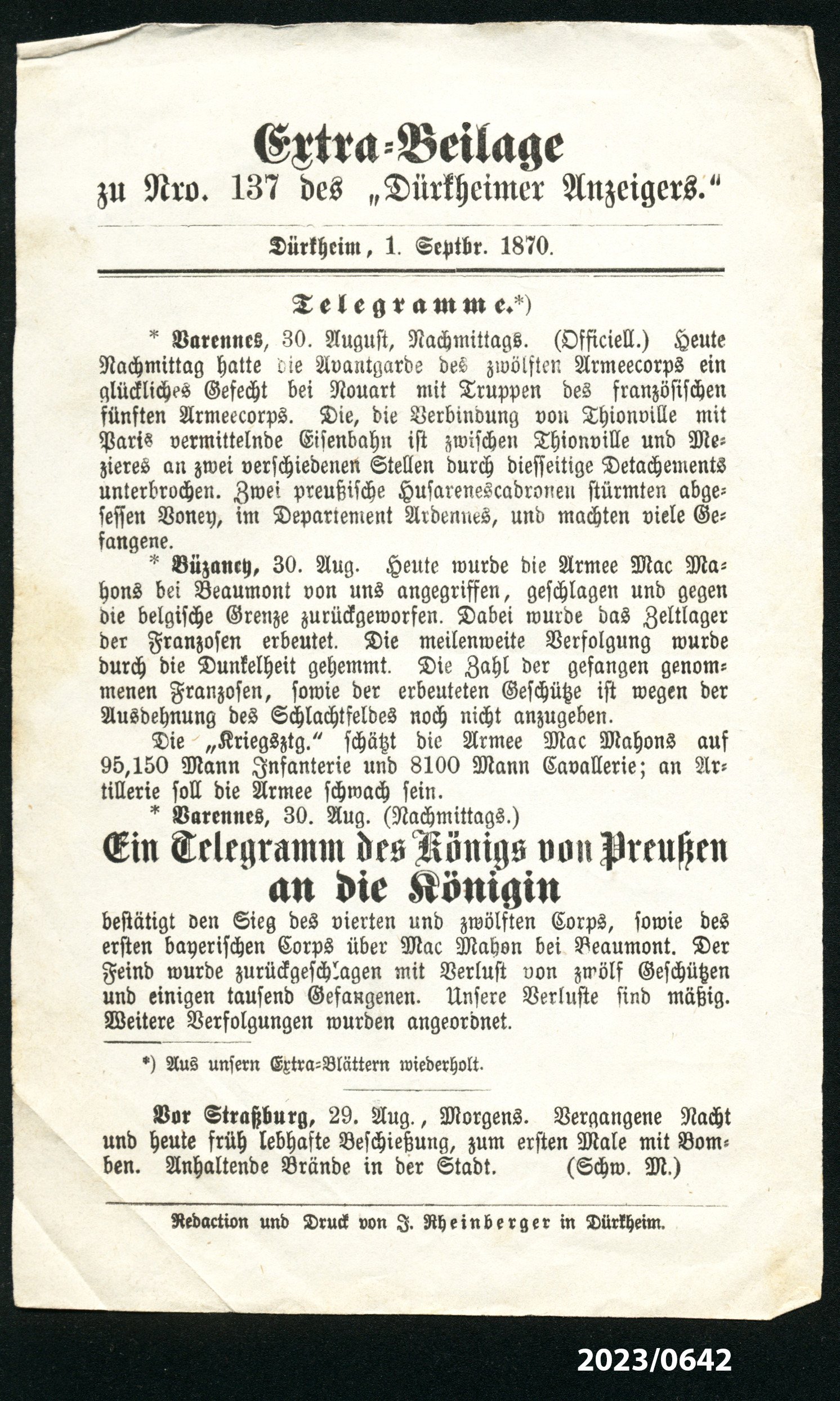 Extra-Beilage zu Nro. 137 des "Dürkheimer Anzeigers." 1.9.1870 (Stadtmuseum Bad Dürkheim im Kulturzentrum Haus Catoir CC BY-NC-SA)