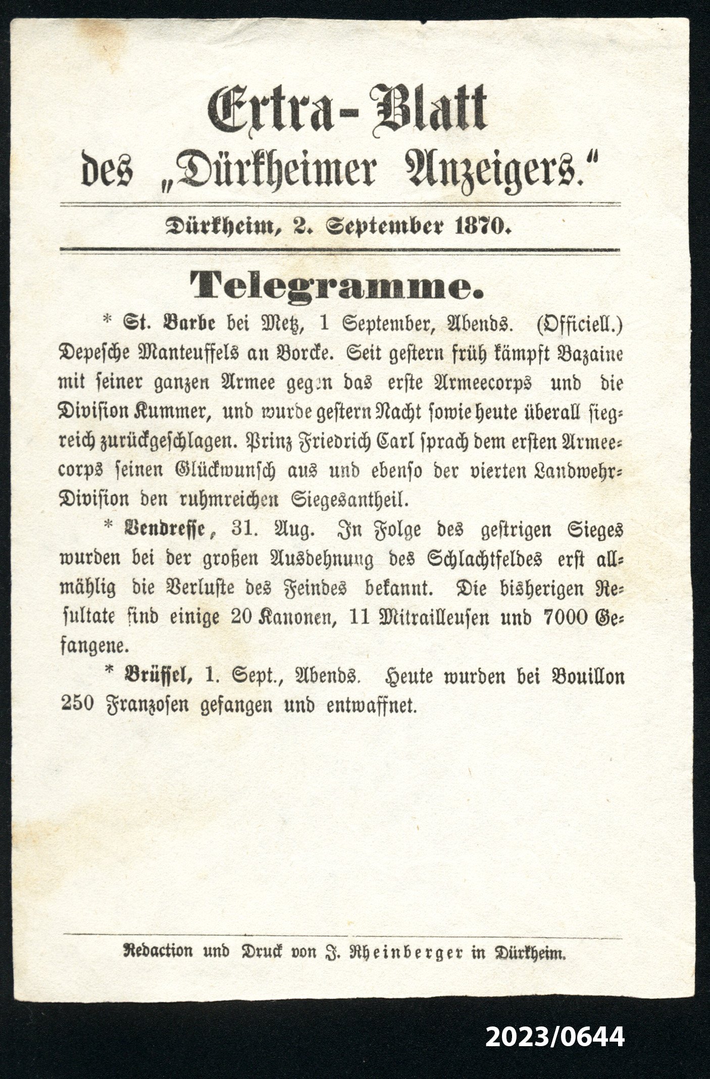 Extra-Blatt des "Dürkheimer Anzeigers." 2.9.1870 (Stadtmuseum Bad Dürkheim im Kulturzentrum Haus Catoir CC BY-NC-SA)