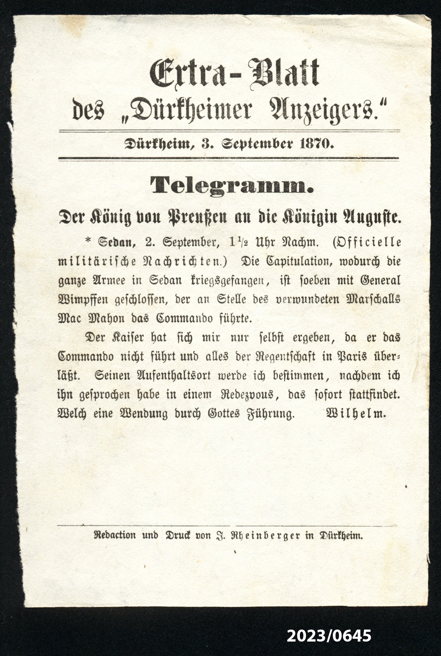 Extra-Blatt des "Dürkheimer Anzeigers." 3.9.1870 (Stadtmuseum Bad Dürkheim im Kulturzentrum Haus Catoir CC BY-NC-SA)