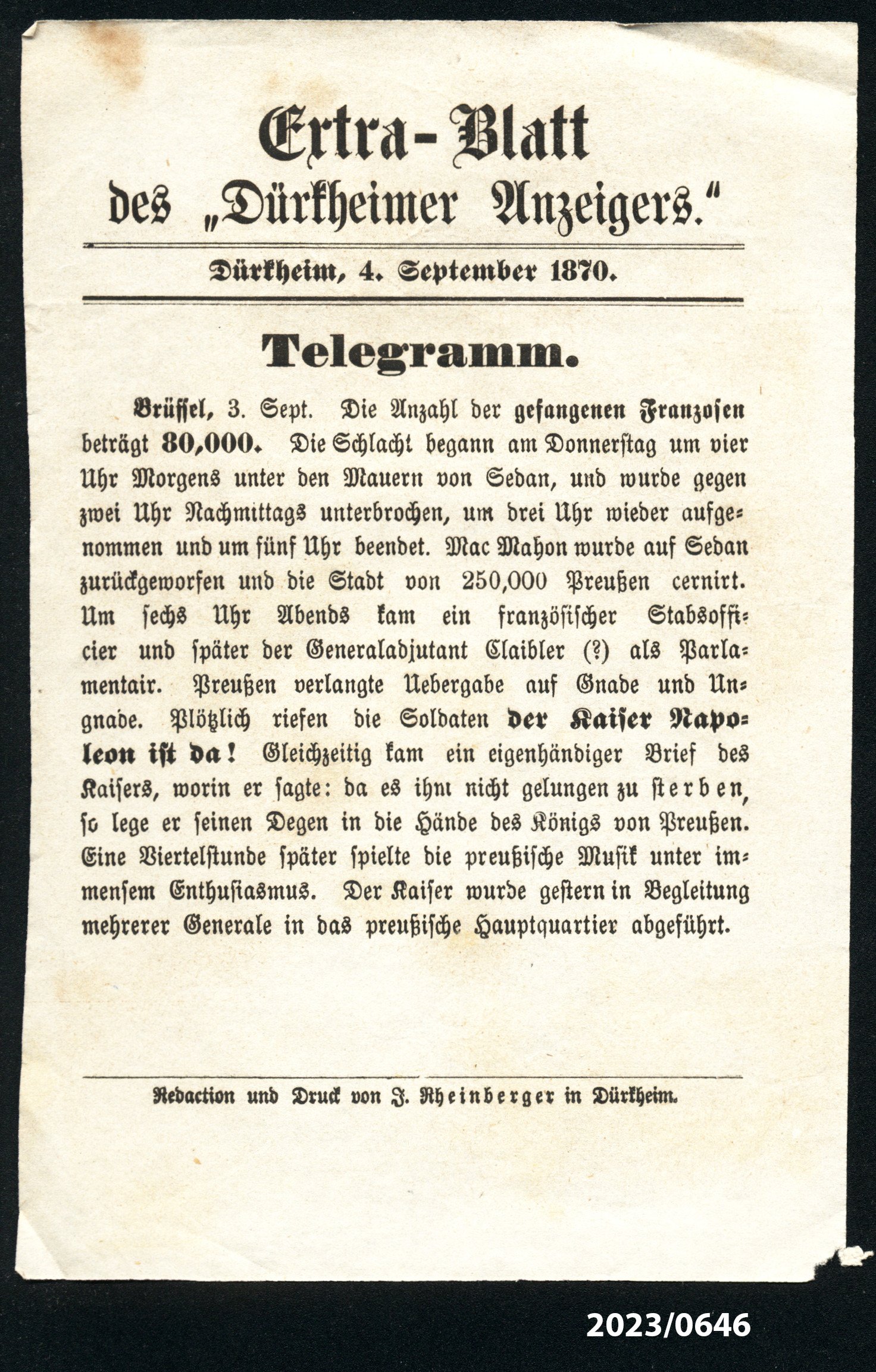 Extra-Blatt des "Dürkheimer Anzeigers." 4.9.1870 (Stadtmuseum Bad Dürkheim im Kulturzentrum Haus Catoir CC BY-NC-SA)