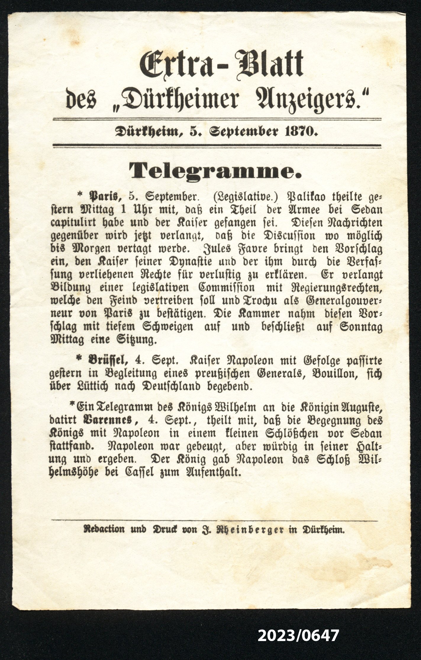 Extra-Blatt des "Dürkheimer Anzeigers." 5.9.1870 (Stadtmuseum Bad Dürkheim im Kulturzentrum Haus Catoir CC BY-NC-SA)