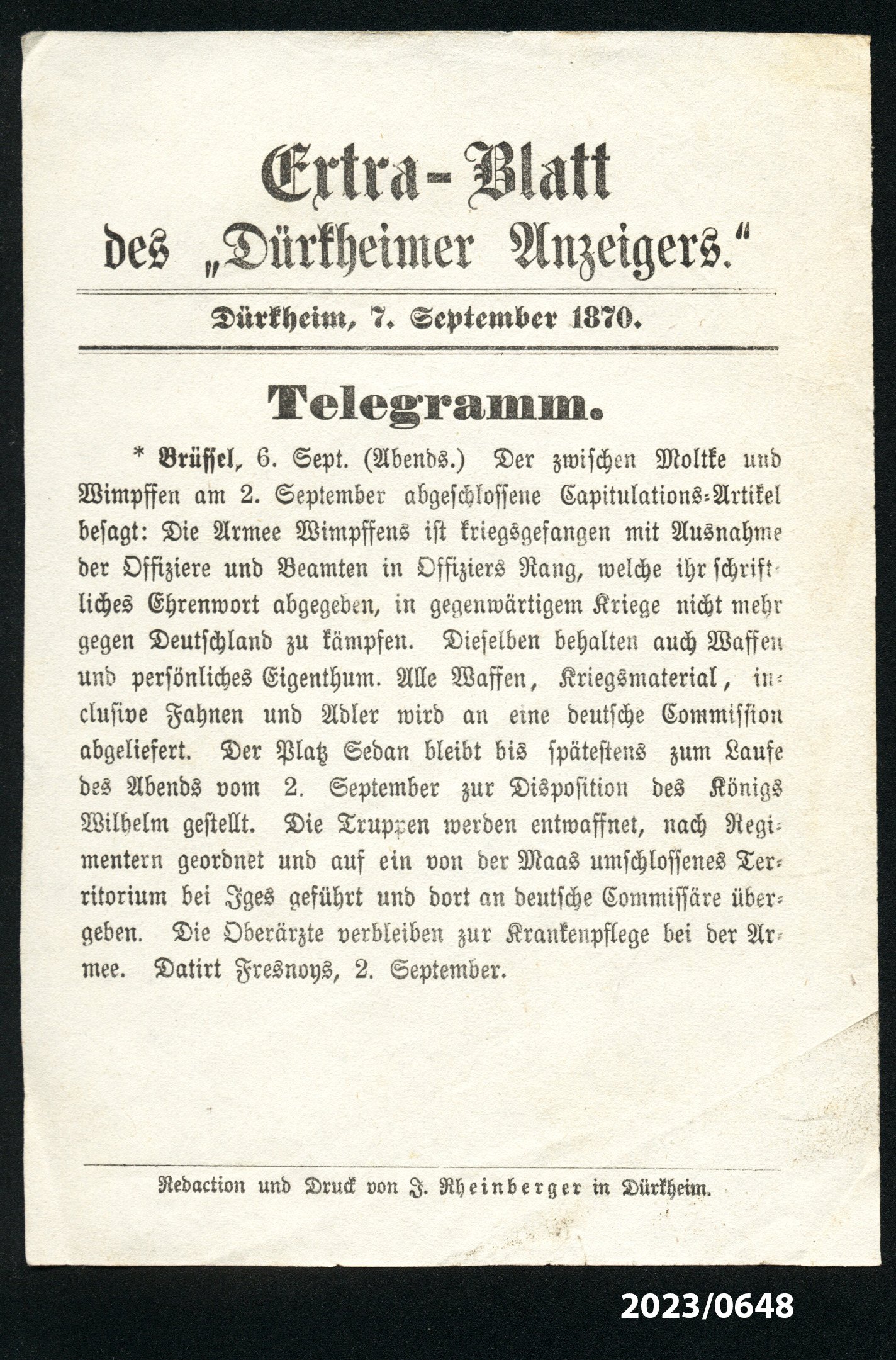 Extra-Blatt des "Dürkheimer Anzeigers." 7.9.1870 (Stadtmuseum Bad Dürkheim im Kulturzentrum Haus Catoir CC BY-NC-SA)