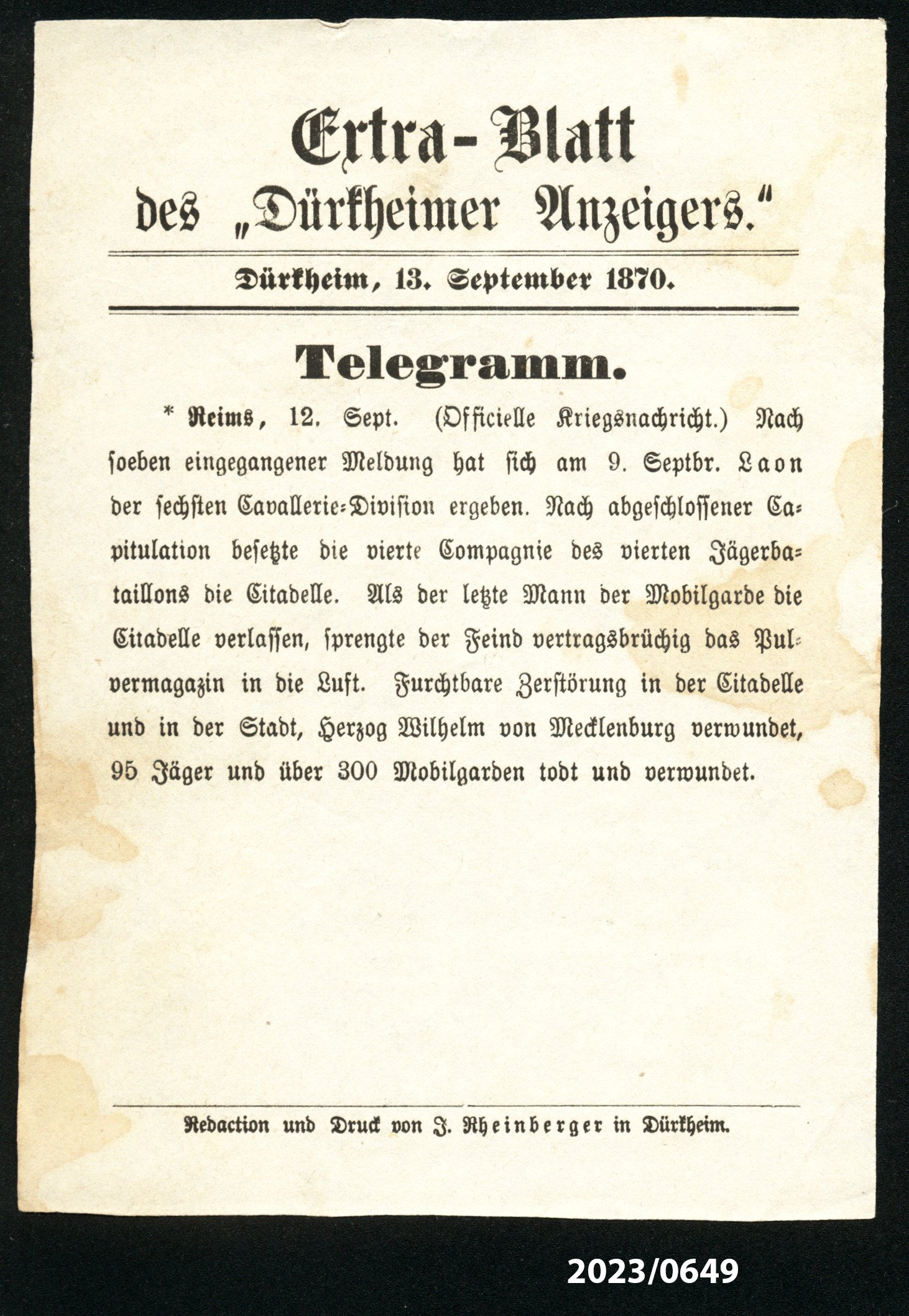 Extra-Blatt des "Dürkheimer Anzeigers." 13.9.1870 (Stadtmuseum Bad Dürkheim im Kulturzentrum Haus Catoir CC BY-NC-SA)