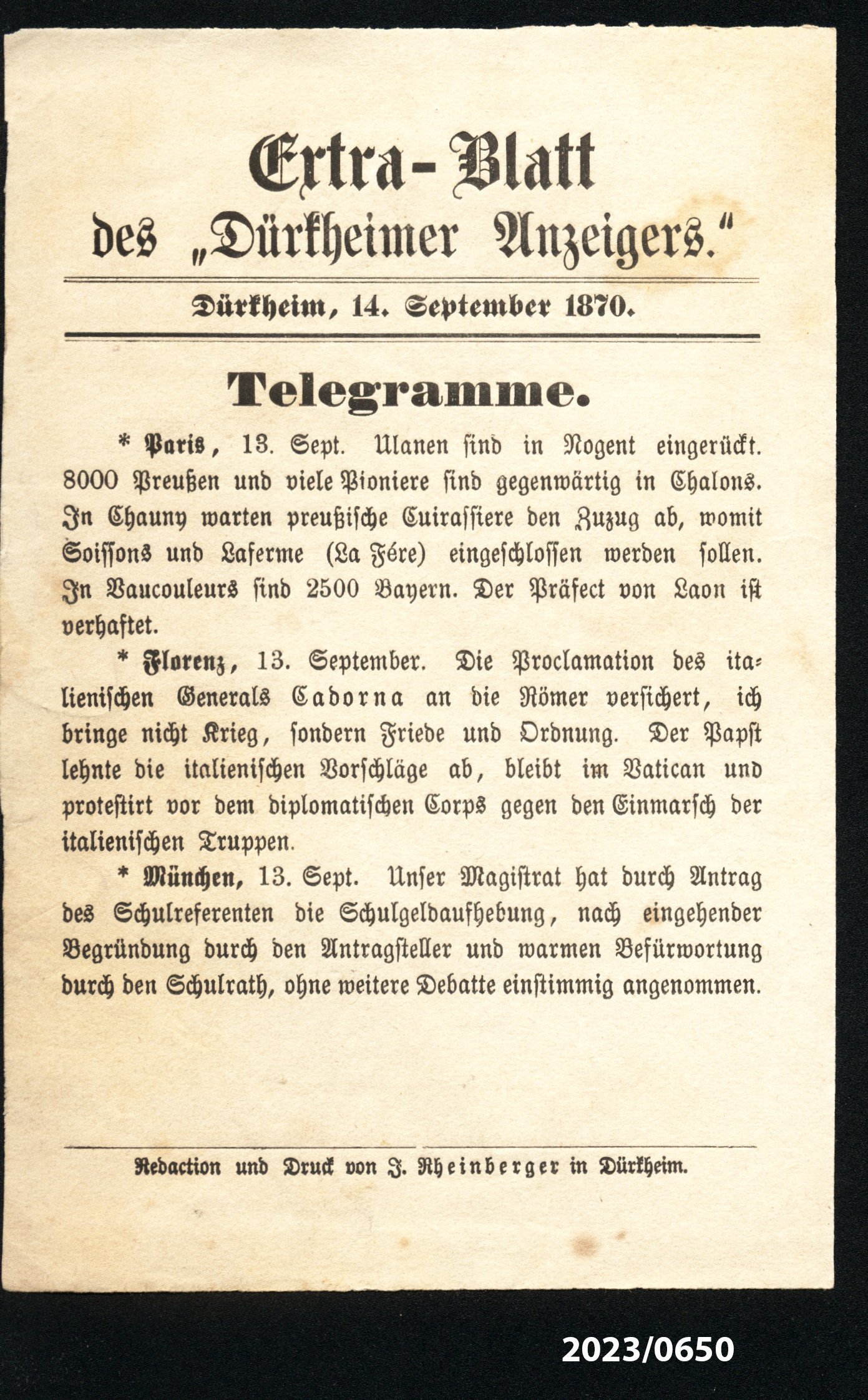 Extra-Blatt des "Dürkheimer Anzeigers." 14.9.1870 (Stadtmuseum Bad Dürkheim im Kulturzentrum Haus Catoir CC BY-NC-SA)
